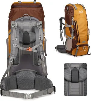 75L 7 Level Adjustable Internal Frame Hiking Backpack for Men Women, Backpacking Backpack with Detachable Belt, Waterproof Camping Backpack with Rain Cover for Trekking, Yellow