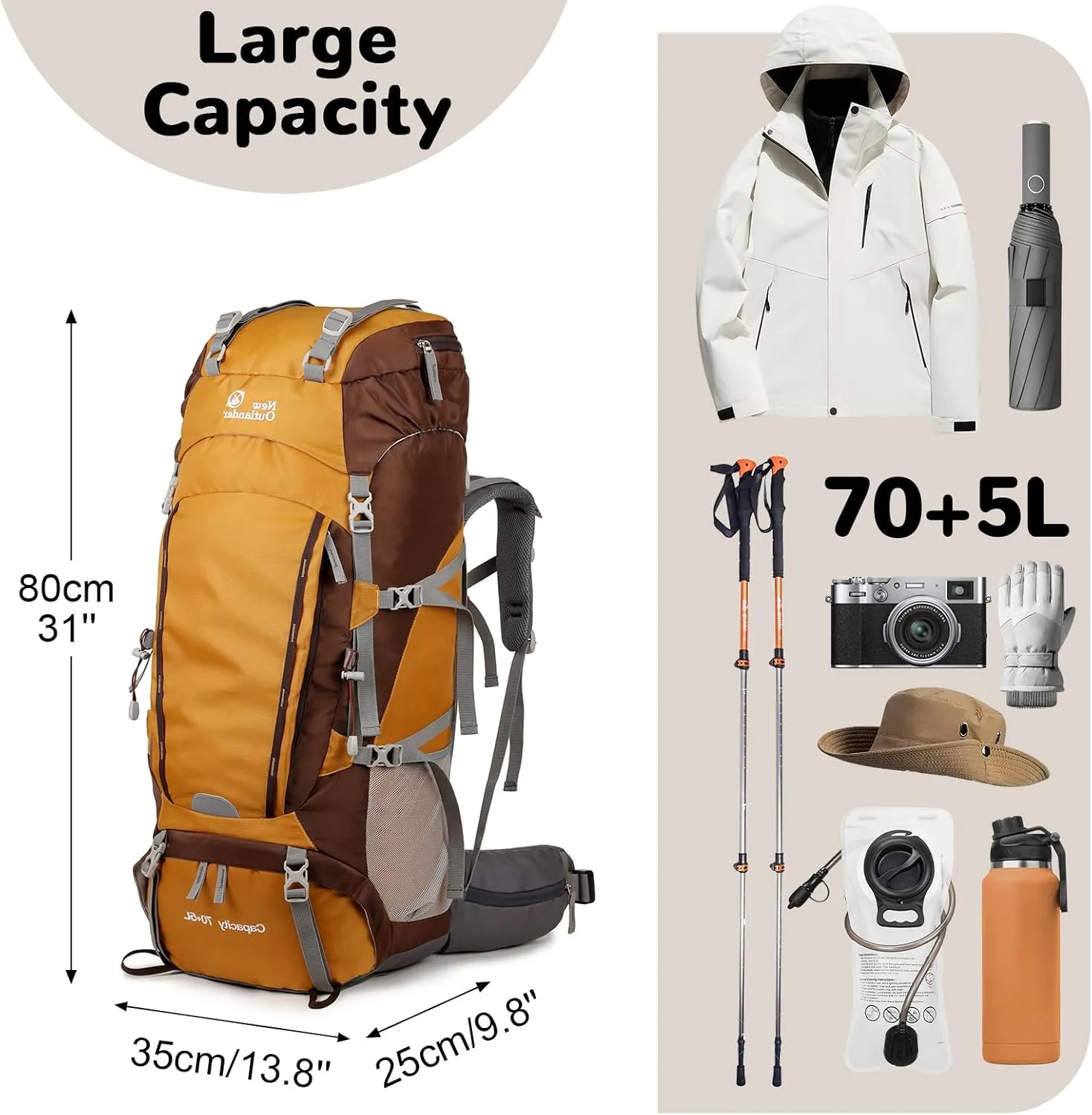 75L 7 Level Adjustable Internal Frame Hiking Backpack for Men Women, Backpacking Backpack with Detachable Belt, Waterproof Camping Backpack with Rain Cover for Trekking, Yellow