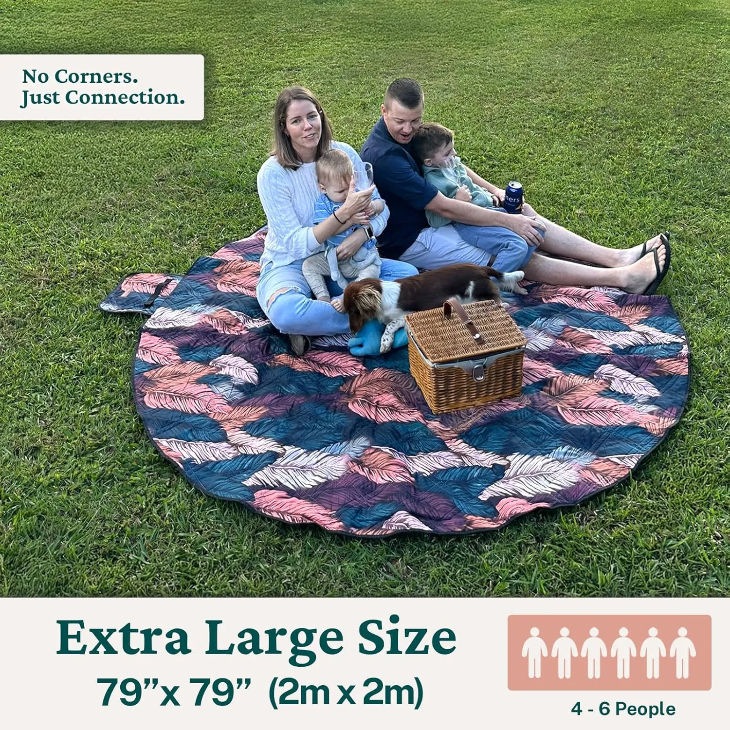 79" Round Waterproof Picnic Blanket - Extra Large, Durable & Foldable Outdoor Mat for Grass, Beach or Park - Outside Baby Playmat & Cute Blanket for Family, Kids and Camping Days