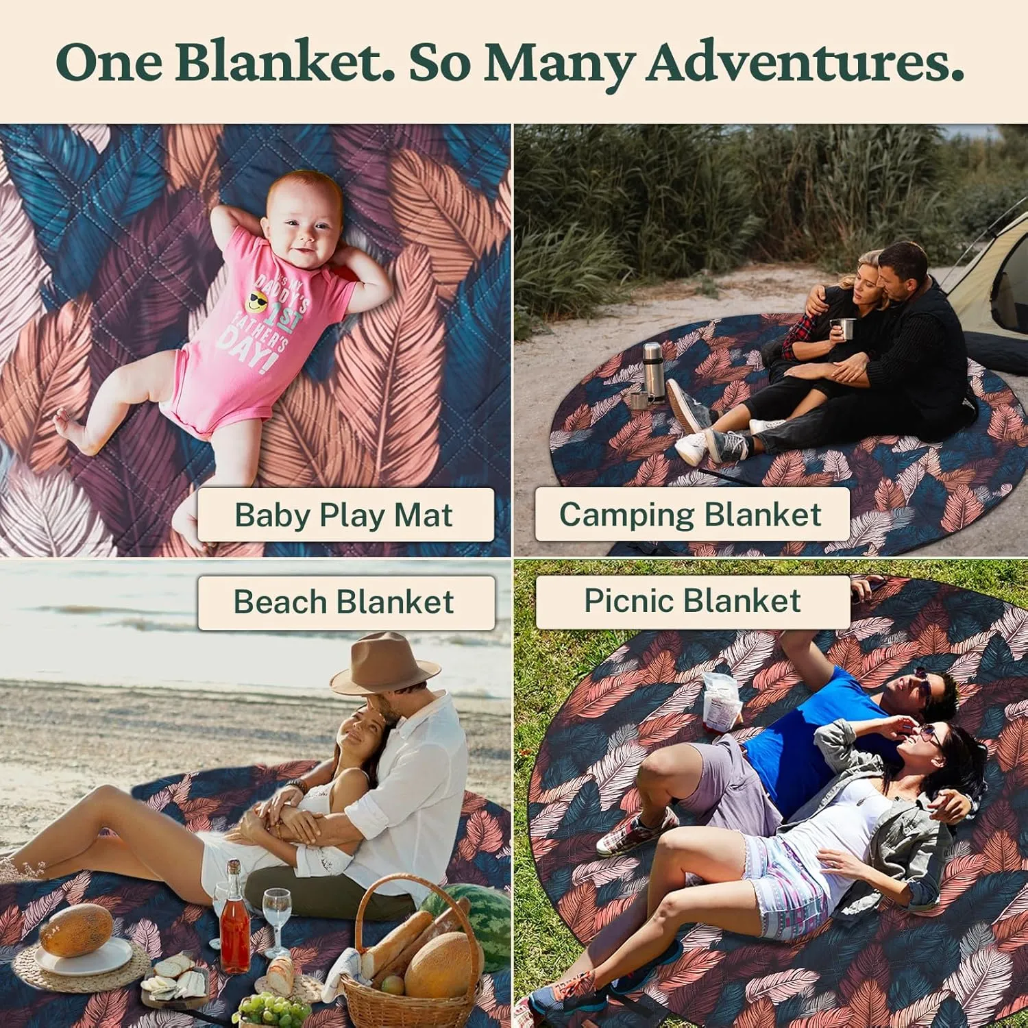 79" Round Waterproof Picnic Blanket - Extra Large, Durable & Foldable Outdoor Mat for Grass, Beach or Park - Outside Baby Playmat & Cute Blanket for Family, Kids and Camping Days