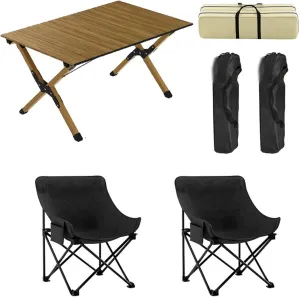 90cm Folding Camping Table & airs Set, Portable Lightweight Picnic Table with Carrying Bag and Aluminum Roll-up Top Foldable Compact Table, Easy to Assemble
