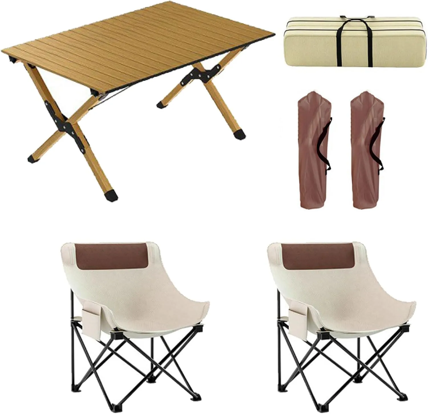90cm Folding Camping Table & airs Set, Portable Lightweight Picnic Table with Carrying Bag and Aluminum Roll-up Top Foldable Compact Table, Easy to Assemble
