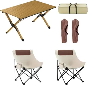 90cm Folding Camping Table & airs Set, Portable Lightweight Picnic Table with Carrying Bag and Aluminum Roll-up Top Foldable Compact Table, Easy to Assemble