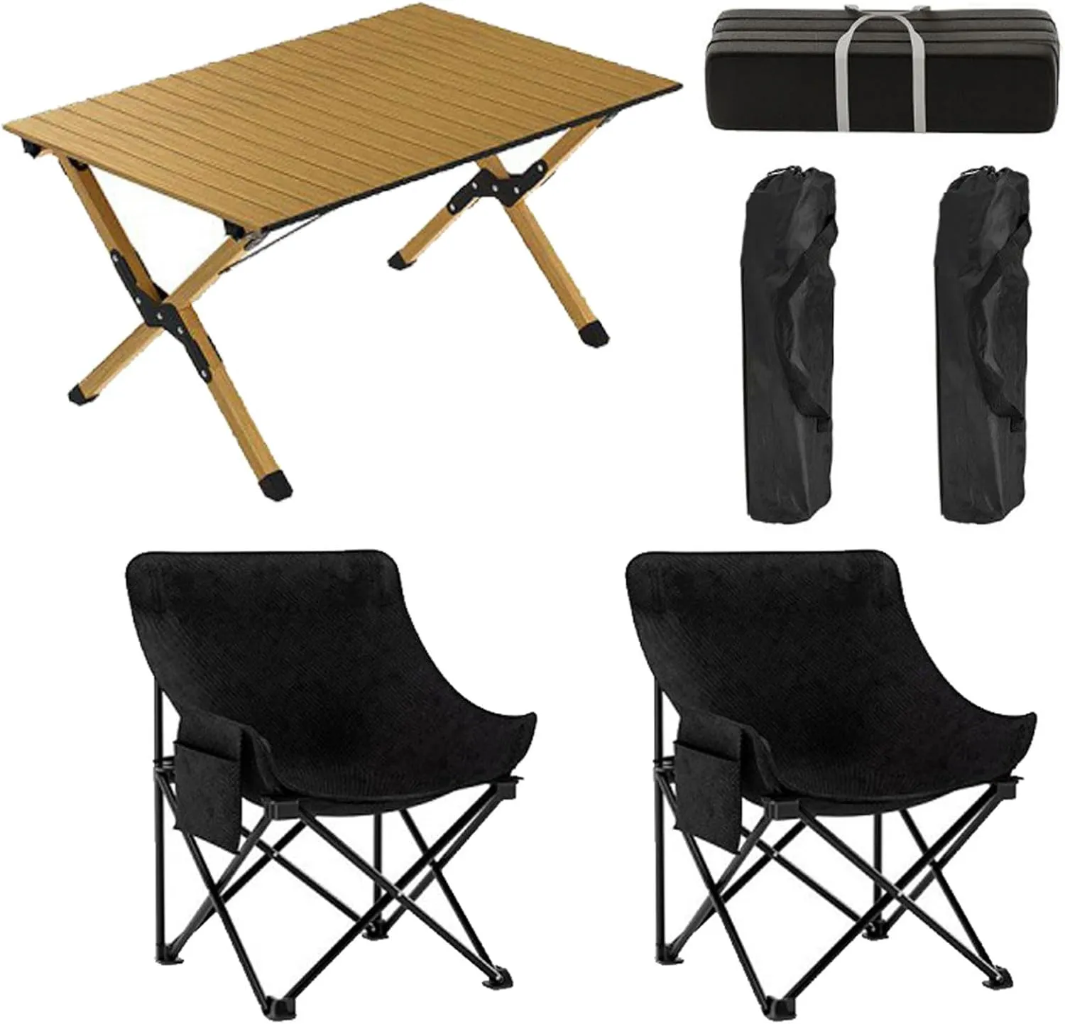 90cm Folding Camping Table & airs Set, Portable Lightweight Picnic Table with Carrying Bag and Aluminum Roll-up Top Foldable Compact Table, Easy to Assemble