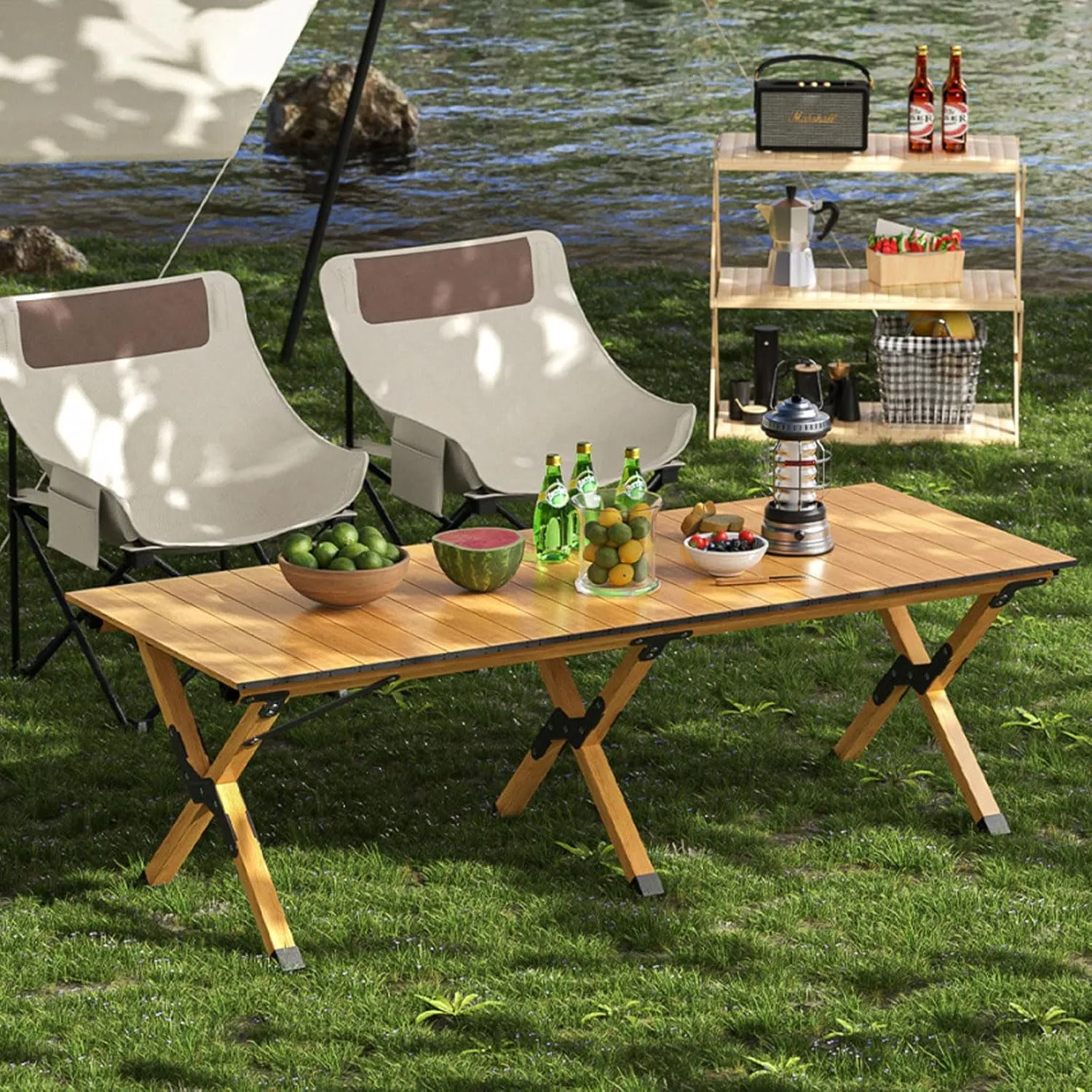 90cm Folding Camping Table & airs Set, Portable Lightweight Picnic Table with Carrying Bag and Aluminum Roll-up Top Foldable Compact Table, Easy to Assemble