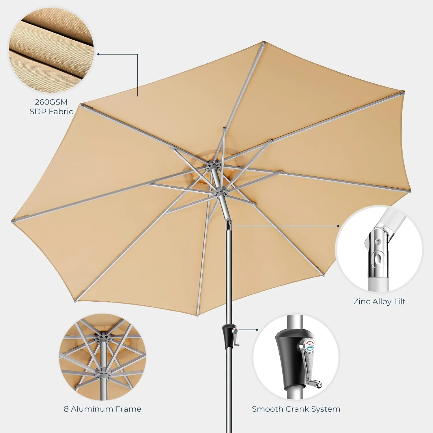 9FT Aluminum Outdoor Patio Umbrella, 5-Year Fade Resistant Market Table Umbrella, UPF50  UV Protection with Push Button Tilt, Crank for Pool Deck and Garden (Beige)