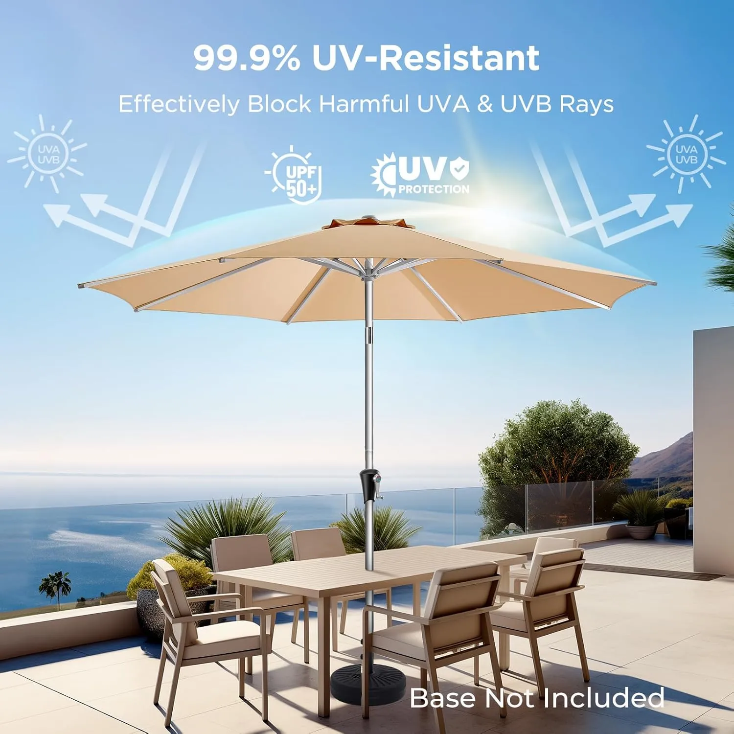 9FT Aluminum Outdoor Patio Umbrella, 5-Year Fade Resistant Market Table Umbrella, UPF50  UV Protection with Push Button Tilt, Crank for Pool Deck and Garden (Beige)