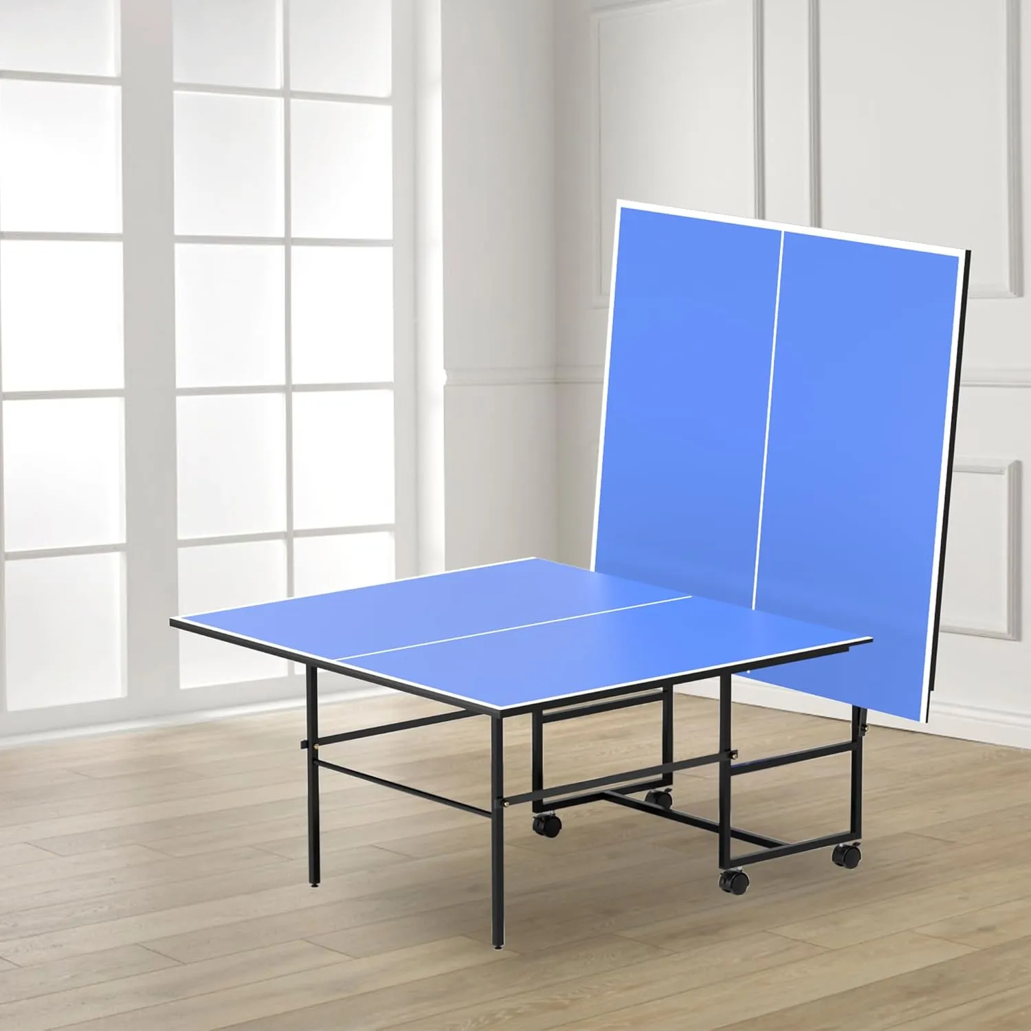 9ft Mid-Size Folding Rolling Ping Pong, Foldable & Portable Ping Pong Table Set for Indoor Games with Net, 2 Table Tennis Paddles and 3 Balls, Size 108 * 60 * 30Inch