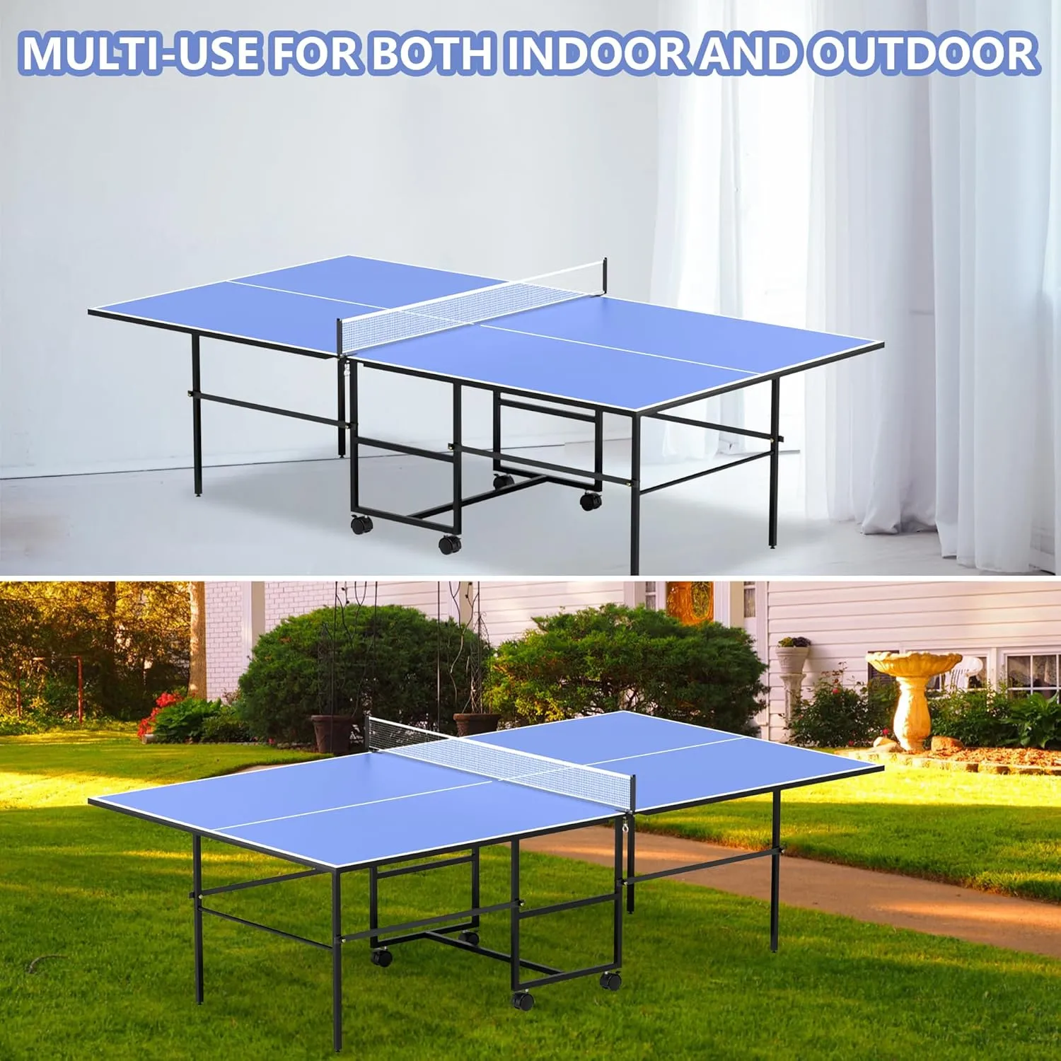 9ft Mid-Size Folding Rolling Ping Pong, Foldable & Portable Ping Pong Table Set for Indoor Games with Net, 2 Table Tennis Paddles and 3 Balls, Size 108 * 60 * 30Inch