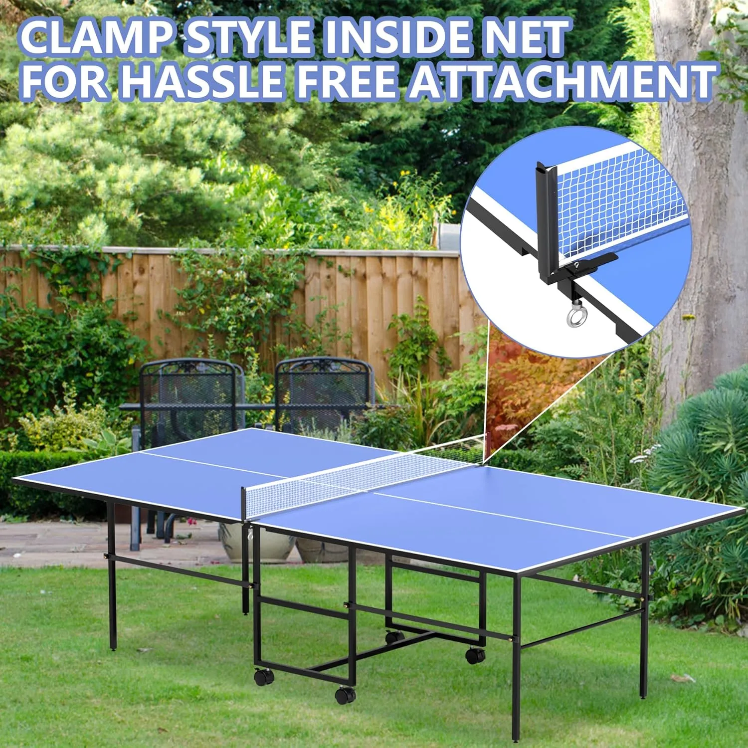 9ft Mid-Size Folding Rolling Ping Pong, Foldable & Portable Ping Pong Table Set for Indoor Games with Net, 2 Table Tennis Paddles and 3 Balls, Size 108 * 60 * 30Inch
