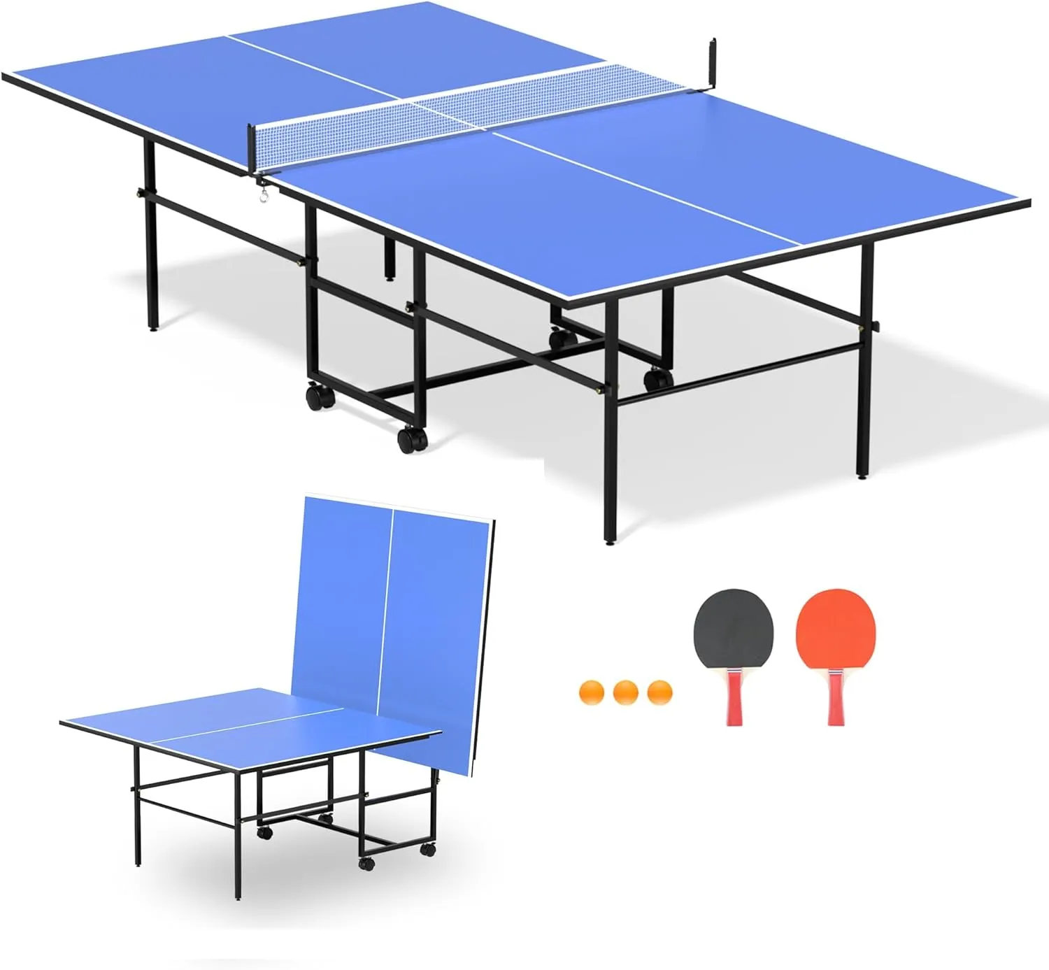 9ft Mid-Size Folding Rolling Ping Pong, Foldable & Portable Ping Pong Table Set for Indoor Games with Net, 2 Table Tennis Paddles and 3 Balls, Size 108 * 60 * 30Inch