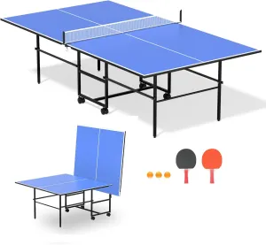 9ft Mid-Size Folding Rolling Ping Pong, Foldable & Portable Ping Pong Table Set for Indoor Games with Net, 2 Table Tennis Paddles and 3 Balls, Size 108 * 60 * 30Inch