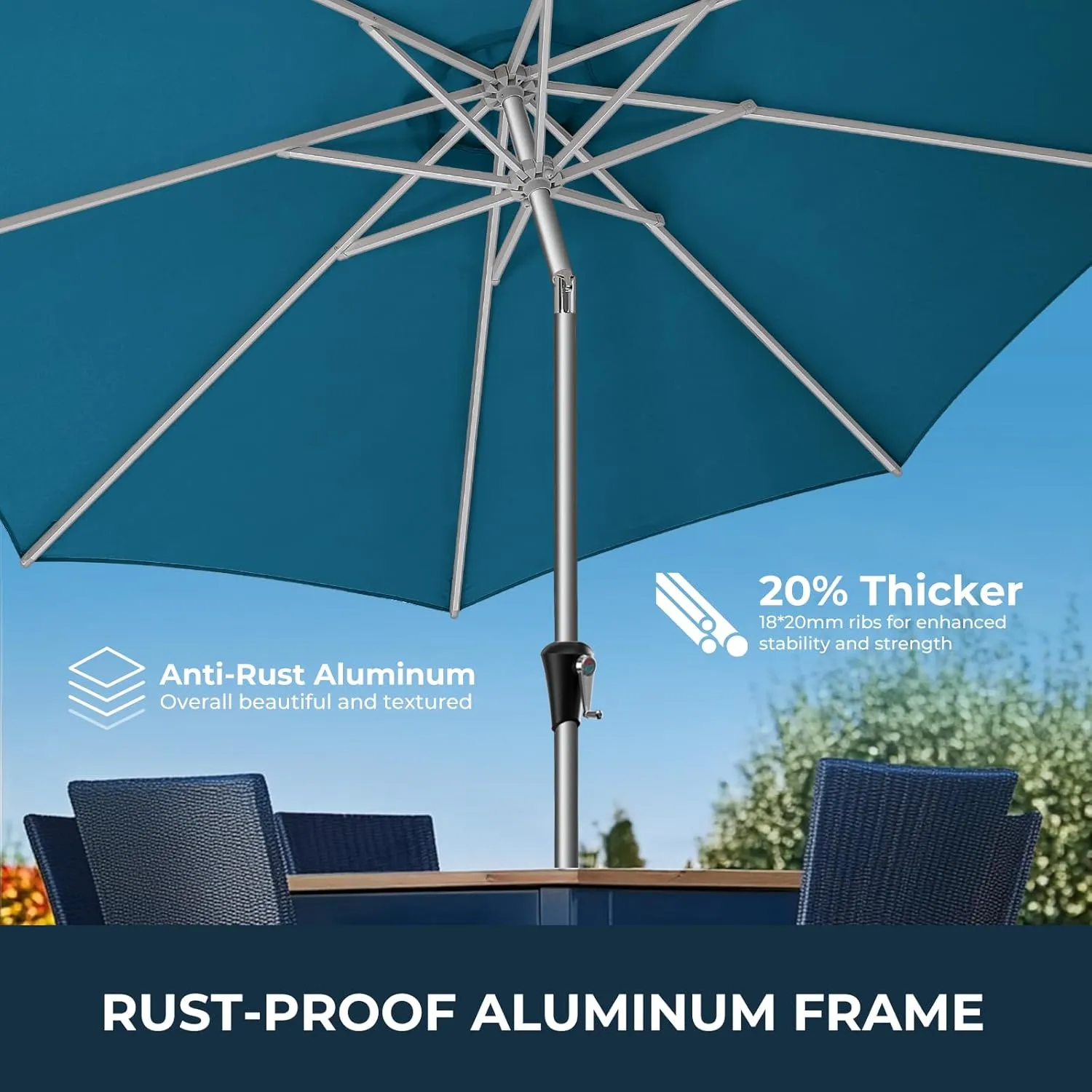 9ft Outdoor Patio Umbrella - Market Table Aluminum Umbrella, 5-Year Fade Resistant - UPF50  UV Protection with Push Button Tilt, Crank for Pool Deck and Garden (Forest Blue)