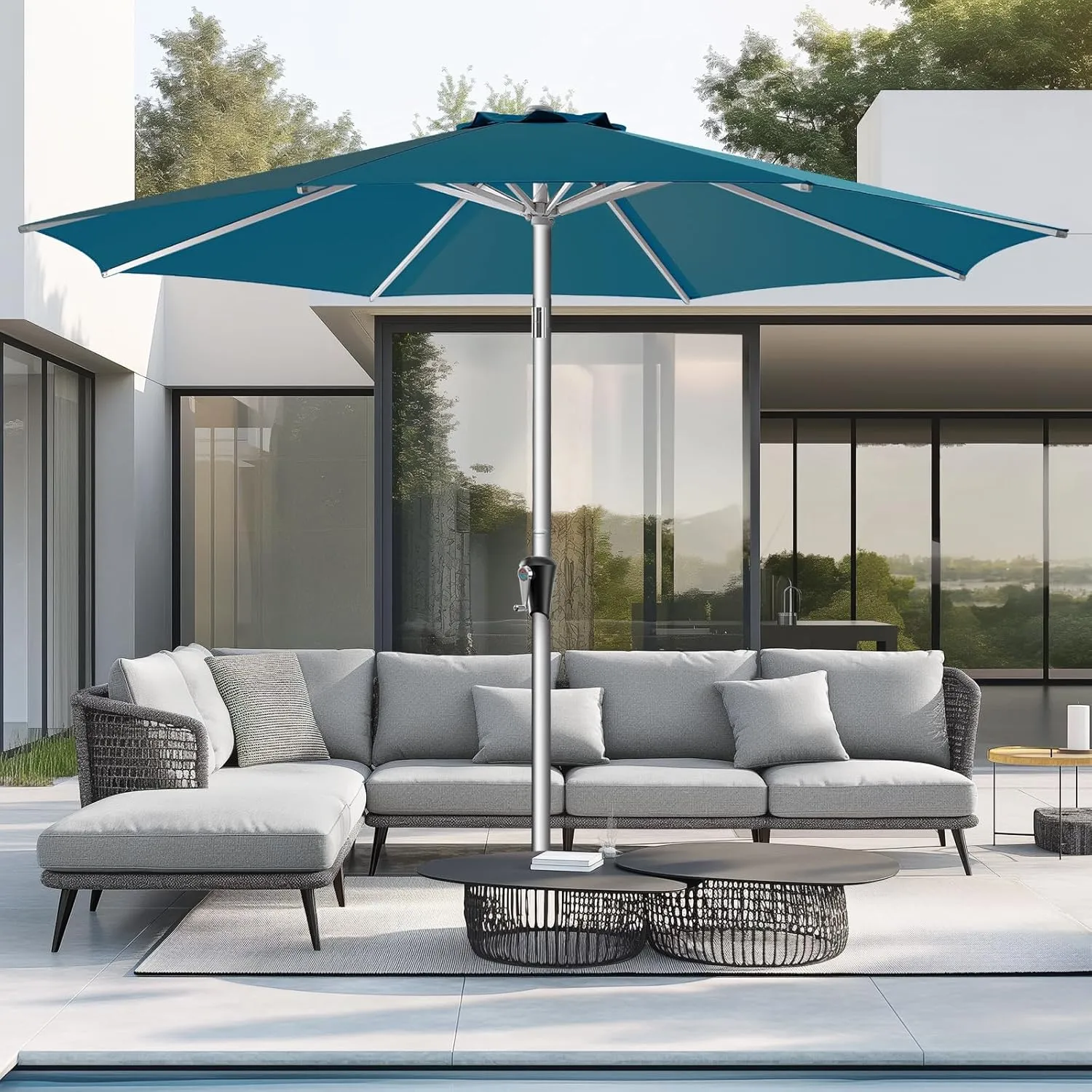 9ft Outdoor Patio Umbrella - Market Table Aluminum Umbrella, 5-Year Fade Resistant - UPF50  UV Protection with Push Button Tilt, Crank for Pool Deck and Garden (Forest Blue)