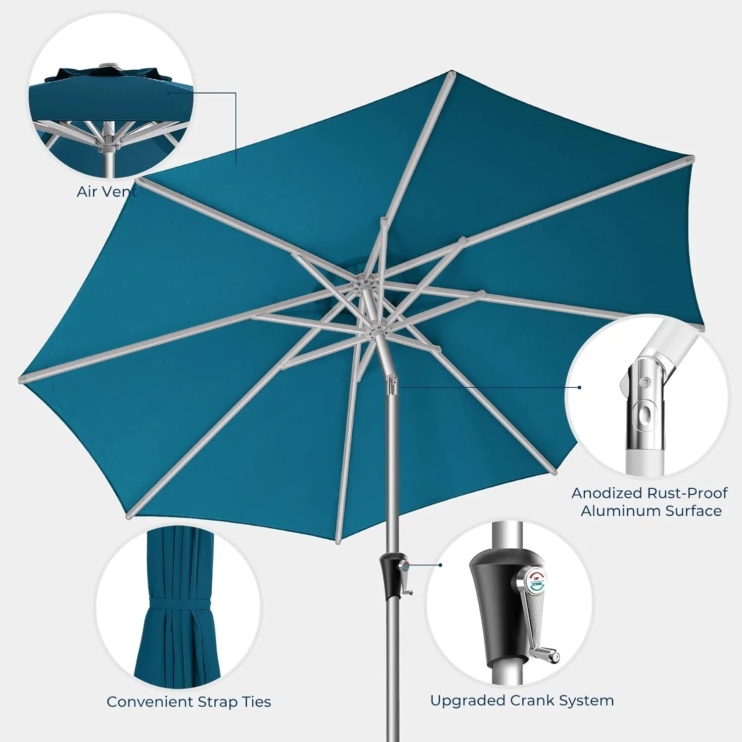 9ft Outdoor Patio Umbrella - Market Table Aluminum Umbrella, 5-Year Fade Resistant - UPF50  UV Protection with Push Button Tilt, Crank for Pool Deck and Garden (Forest Blue)