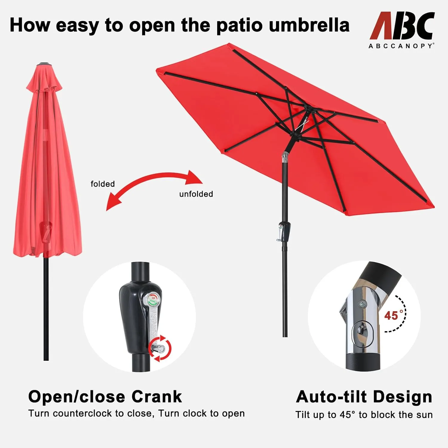 ABCCANOPY 7.5FT OutdoorPatio Umbrella, UV Protection Table Umbrella w/Crank for Easy Set Up, Suitable for Garden, Lawn, Deck & Backyard (Red)