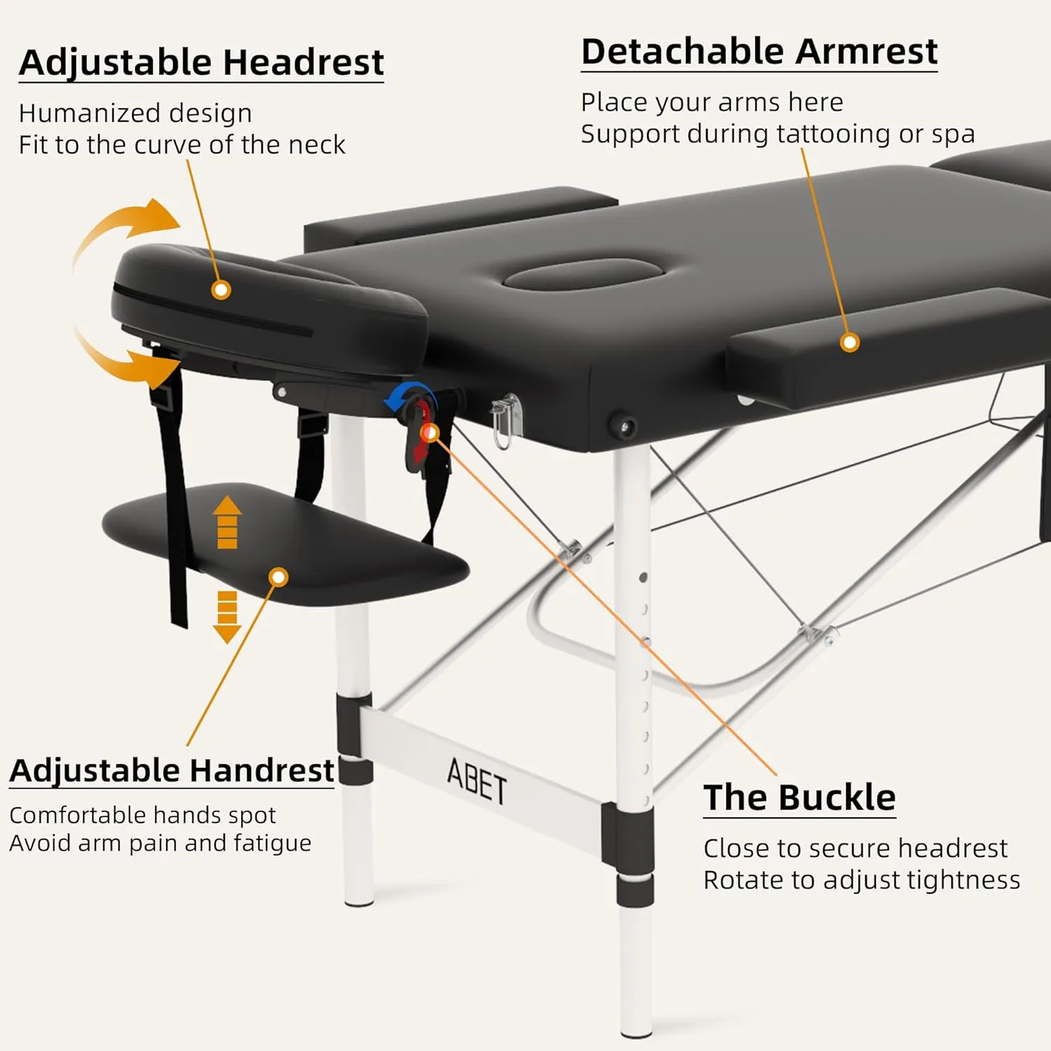 ABET Massage Table, 3 Fold Portable Professional Lash Tattoo Spa Bed, Height Adjustable 23.5" Wide Compact Facial Table with Detachable Oil Pocket Towel Rod Face Cradle Armrest, Aluminum Feet & Black