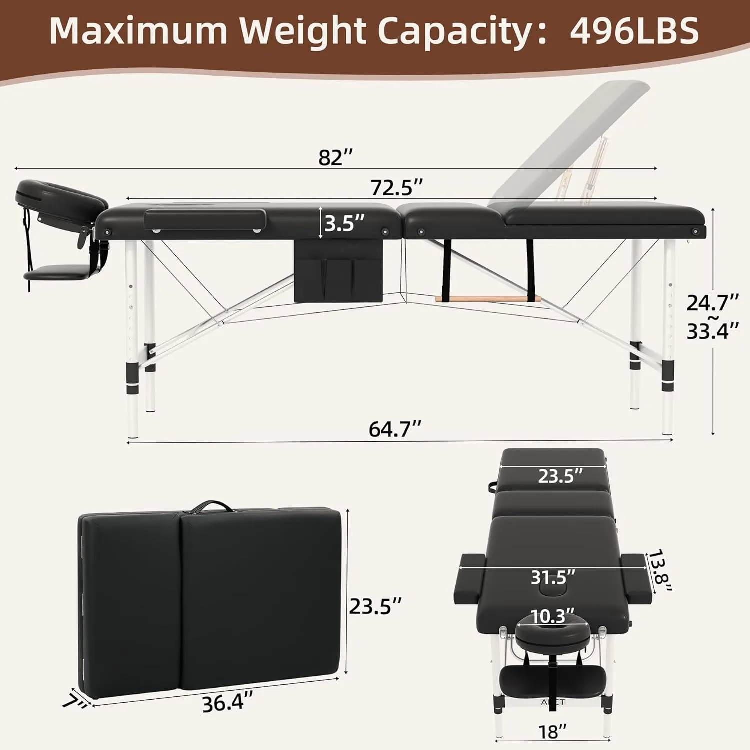 ABET Massage Table, 3 Fold Portable Professional Lash Tattoo Spa Bed, Height Adjustable 23.5" Wide Compact Facial Table with Detachable Oil Pocket Towel Rod Face Cradle Armrest, Aluminum Feet & Black