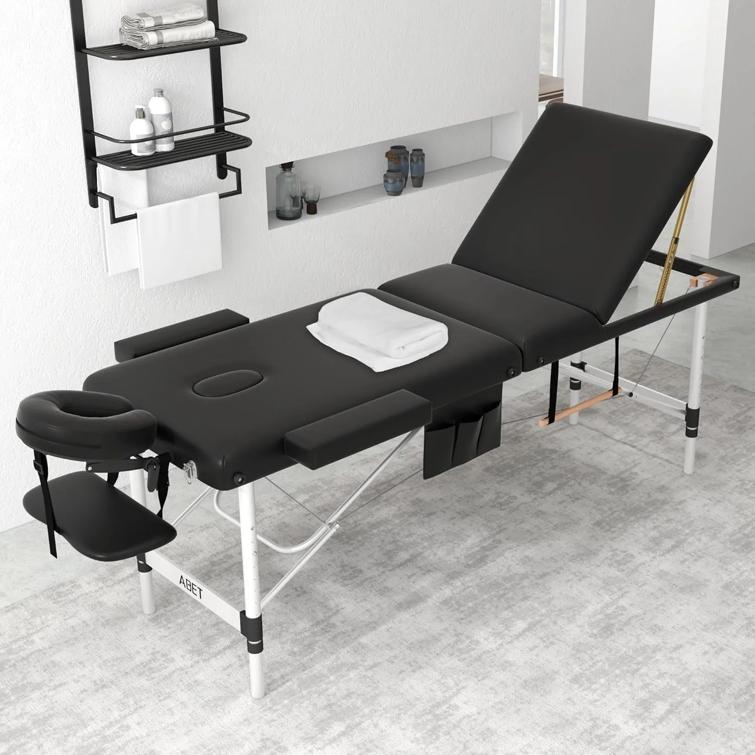 ABET Massage Table, 3 Fold Portable Professional Lash Tattoo Spa Bed, Height Adjustable 23.5" Wide Compact Facial Table with Detachable Oil Pocket Towel Rod Face Cradle Armrest, Aluminum Feet & Black