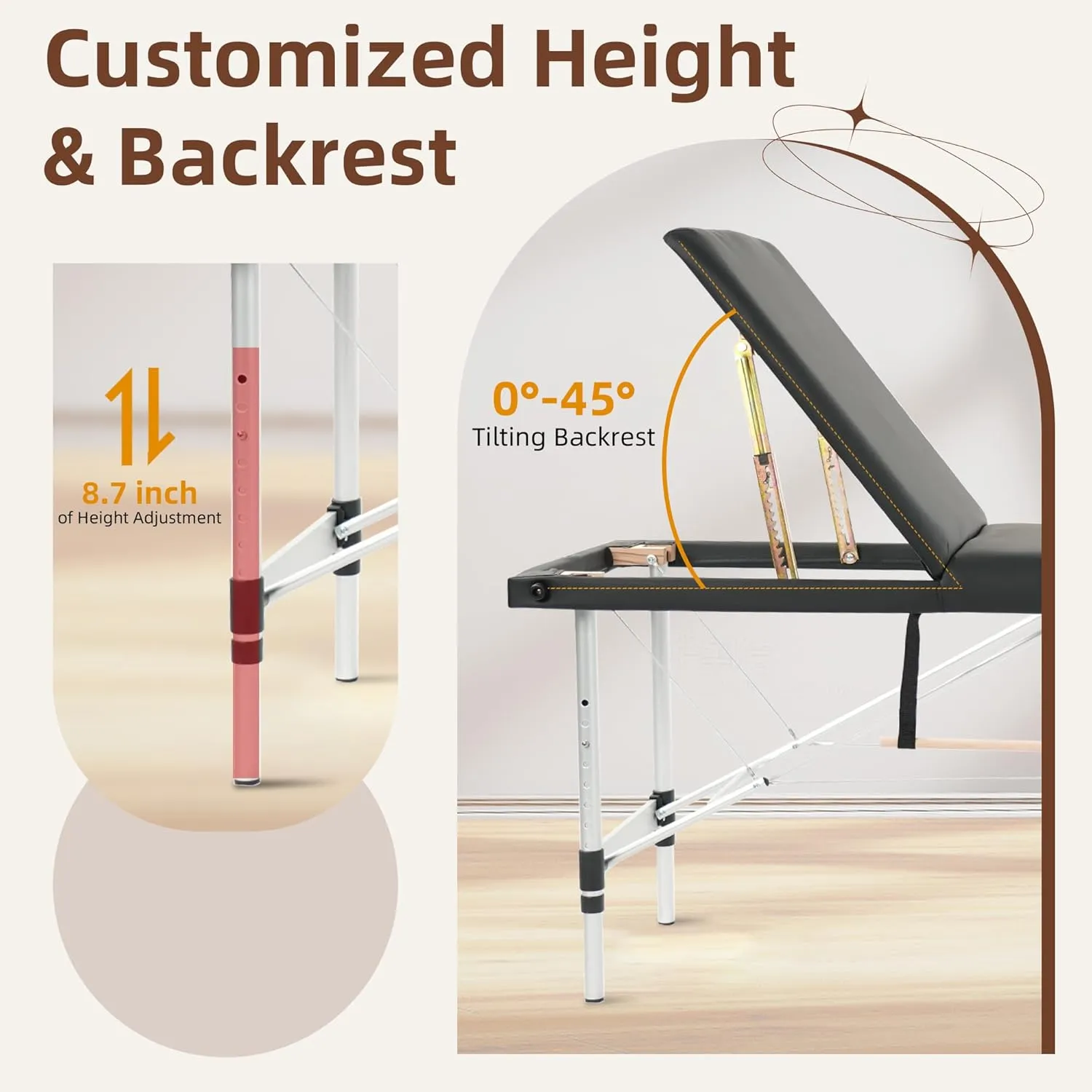 ABET Massage Table, 3 Fold Portable Professional Lash Tattoo Spa Bed, Height Adjustable 23.5" Wide Compact Facial Table with Detachable Oil Pocket Towel Rod Face Cradle Armrest, Aluminum Feet & Black