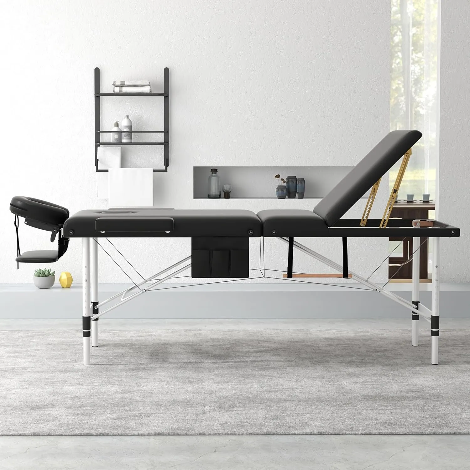 ABET Massage Table, 3 Fold Portable Professional Lash Tattoo Spa Bed, Height Adjustable 23.5" Wide Compact Facial Table with Detachable Oil Pocket Towel Rod Face Cradle Armrest, Aluminum Feet & Black