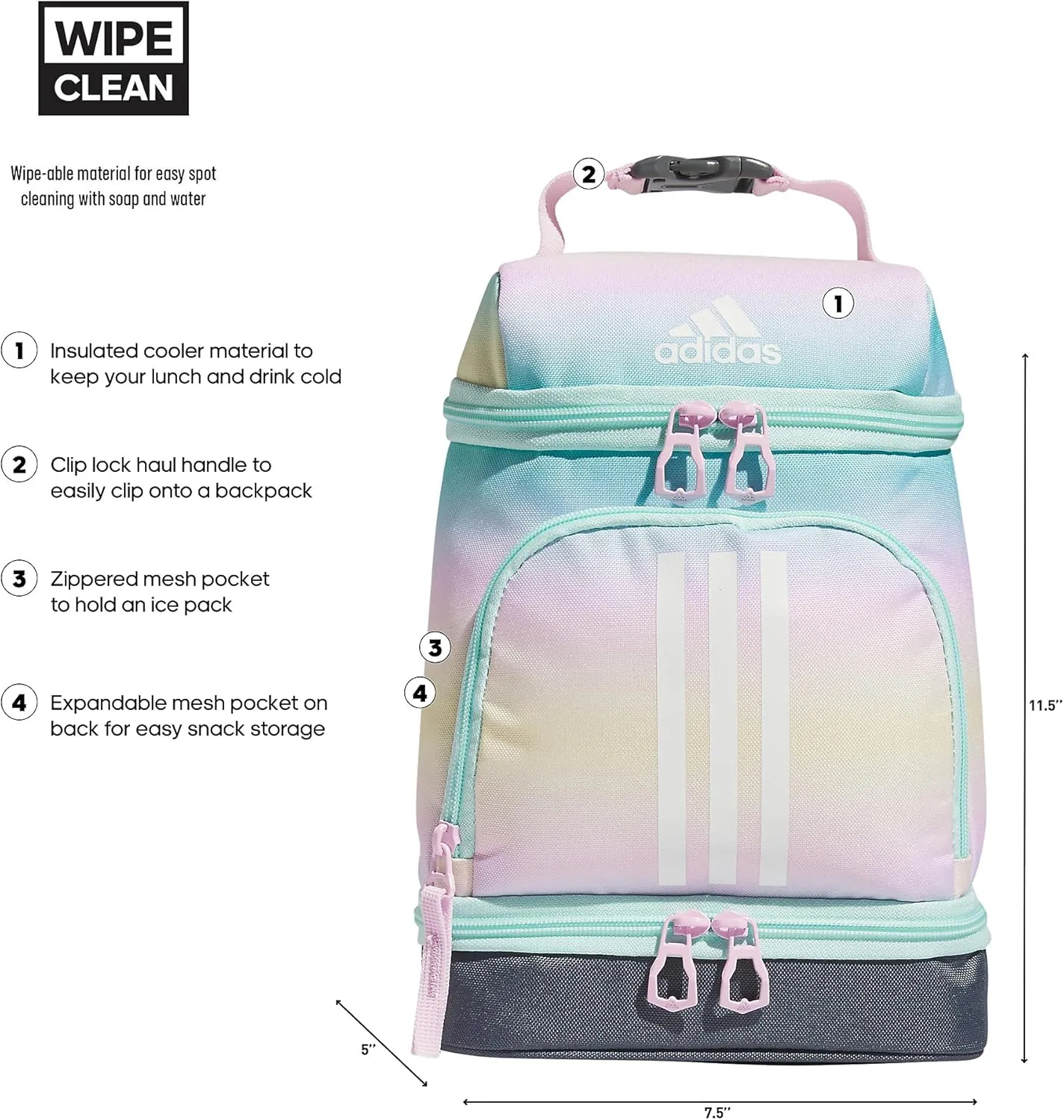 adidas Excel Lunch Bag, Cooler with Zipper, Pocket for Ice Pack, and Clip, Temperature Control Insulation, Gradient Flash Aqua/Orchid Fusion Purple, One Size