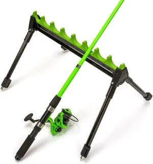 Adjustable Outdoor Telescopic 4-Leg 8-Rig Fishing Rod Holder Bracket Spike Rack For Bank Fishing, Ground Mount, Zinc