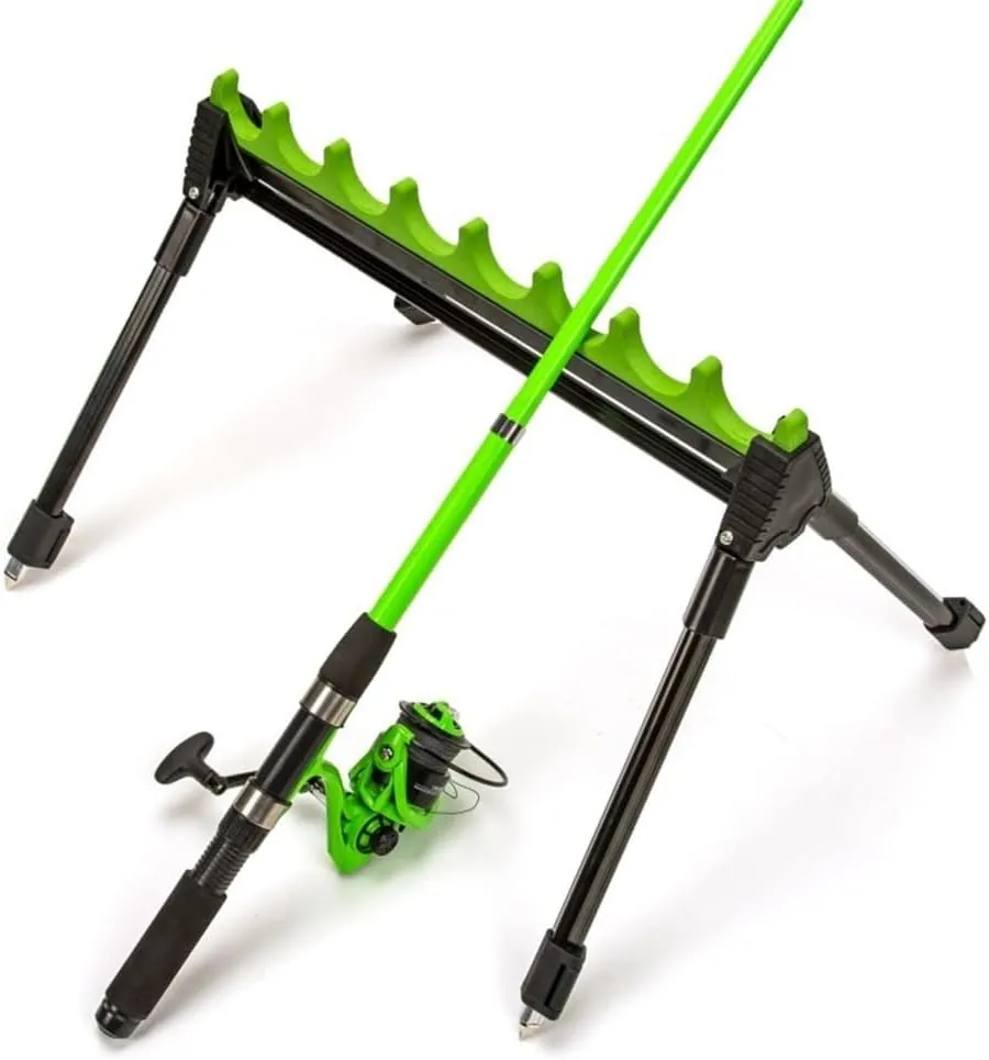 Adjustable Outdoor Telescopic 4-Leg 8-Rig Fishing Rod Holder Bracket Spike Rack For Bank Fishing, Ground Mount, Zinc