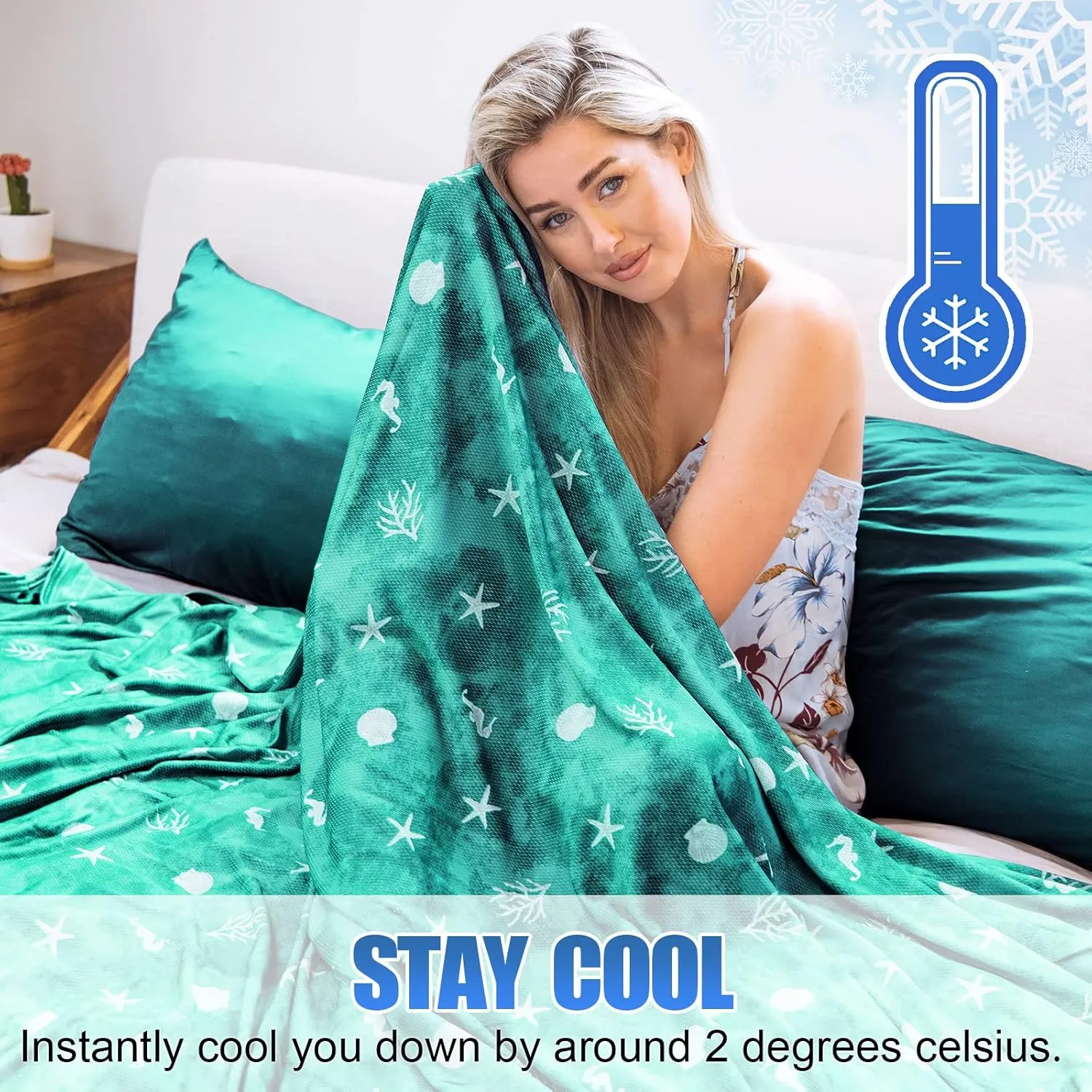 Ailemei Direct Cooling Blanket with Double Sided Cold Effect, Lightweight Breathable Summer Oversize Coastal Theme Bed Blankets, Transfer Heat to Keep Body Cool for Hot Sleepers Night Sweats, 108“x90”