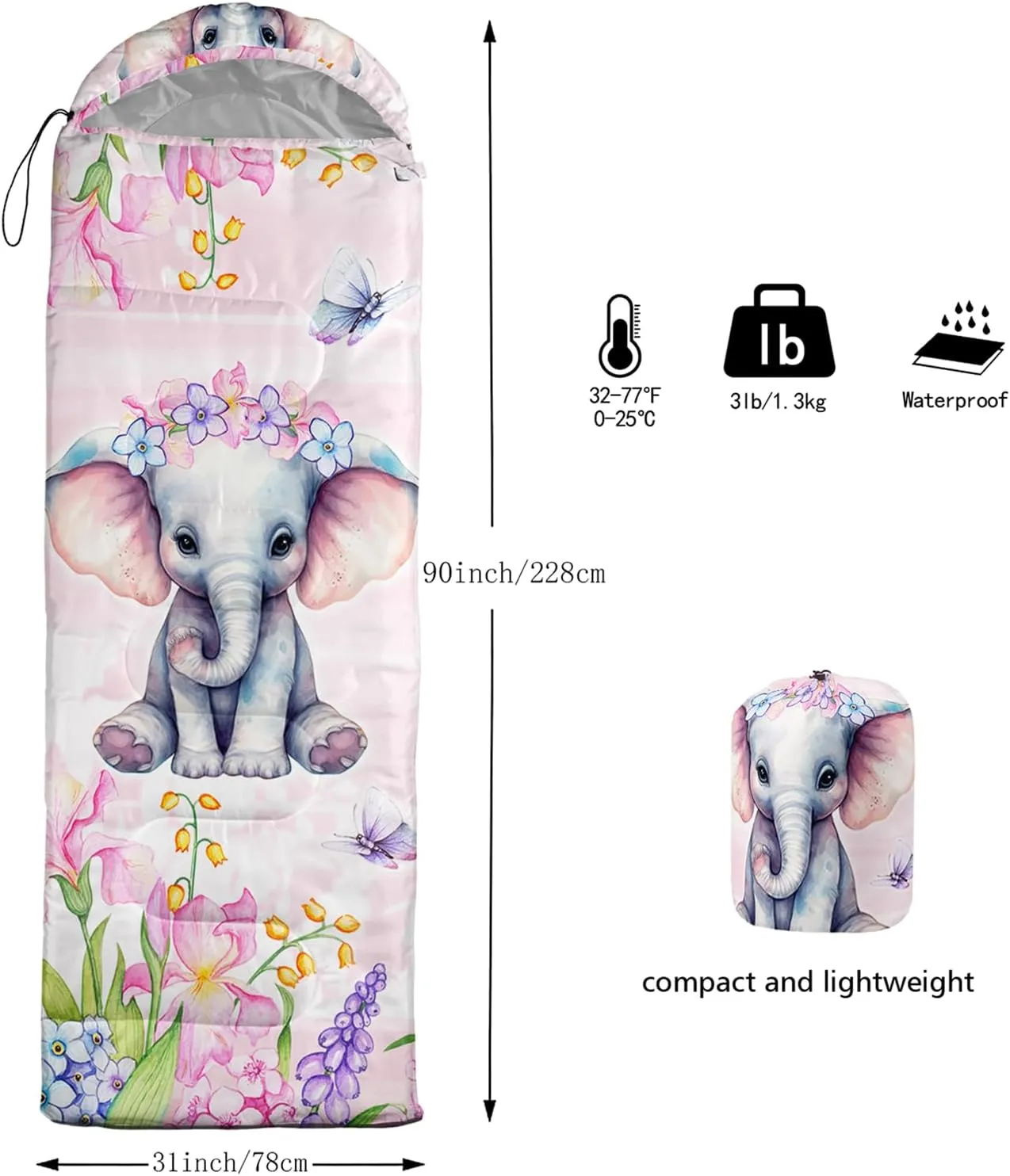 AILONEN Blue Butterfly Sleeping Bags,Lightweight & Waterproof,3 Season Warm & Cool Weather,Fairy Forest Flower Sleeping Bags for Kids,Girls,Adults,Travelling,Outdoors