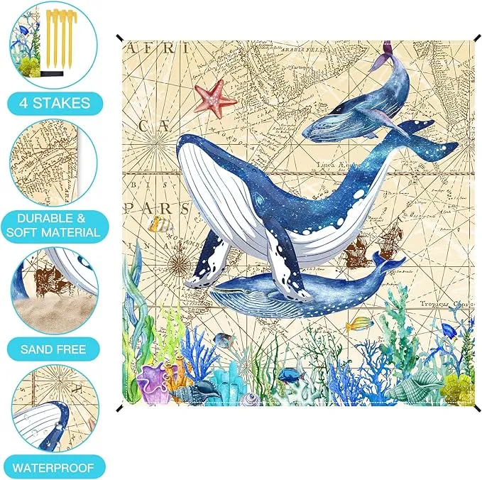 Airensky Beach Blanket, Sandproof Beach Mat 79" X 82" for 4-7 Adults, Large Waterproof Beach Blanket Quick Drying Lightweight Beach Blanket with 4 Stakes for Travel Camping Hiking(Sea World Whale)