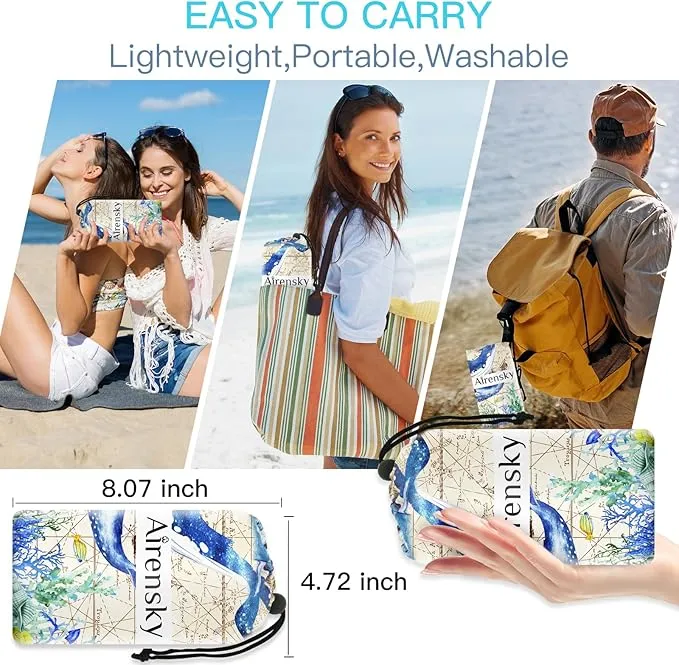 Airensky Beach Blanket, Sandproof Beach Mat 79" X 82" for 4-7 Adults, Large Waterproof Beach Blanket Quick Drying Lightweight Beach Blanket with 4 Stakes for Travel Camping Hiking(Sea World Whale)