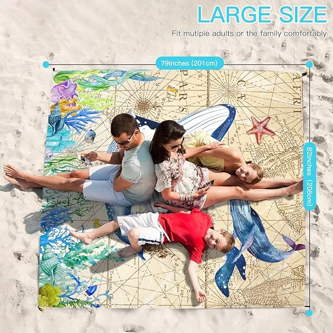 Airensky Beach Blanket, Sandproof Beach Mat 79" X 82" for 4-7 Adults, Large Waterproof Beach Blanket Quick Drying Lightweight Beach Blanket with 4 Stakes for Travel Camping Hiking(Sea World Whale)