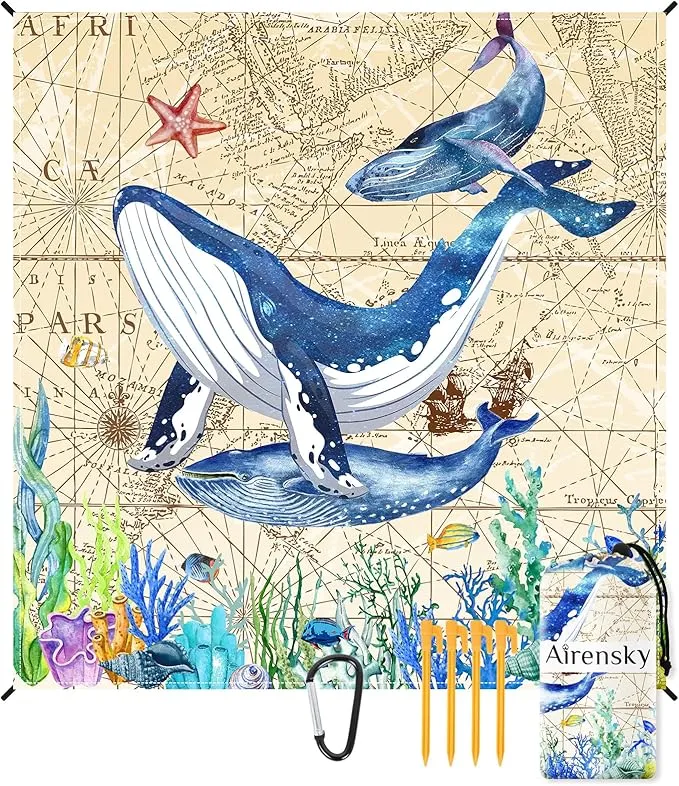 Airensky Beach Blanket, Sandproof Beach Mat 79" X 82" for 4-7 Adults, Large Waterproof Beach Blanket Quick Drying Lightweight Beach Blanket with 4 Stakes for Travel Camping Hiking(Sea World Whale)