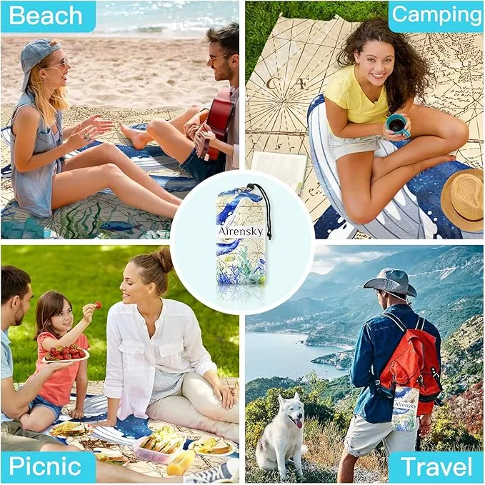 Airensky Beach Blanket, Sandproof Beach Mat 79" X 82" for 4-7 Adults, Large Waterproof Beach Blanket Quick Drying Lightweight Beach Blanket with 4 Stakes for Travel Camping Hiking(Sea World Whale)