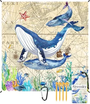 Airensky Beach Blanket, Sandproof Beach Mat 79" X 82" for 4-7 Adults, Large Waterproof Beach Blanket Quick Drying Lightweight Beach Blanket with 4 Stakes for Travel Camping Hiking(Sea World Whale)