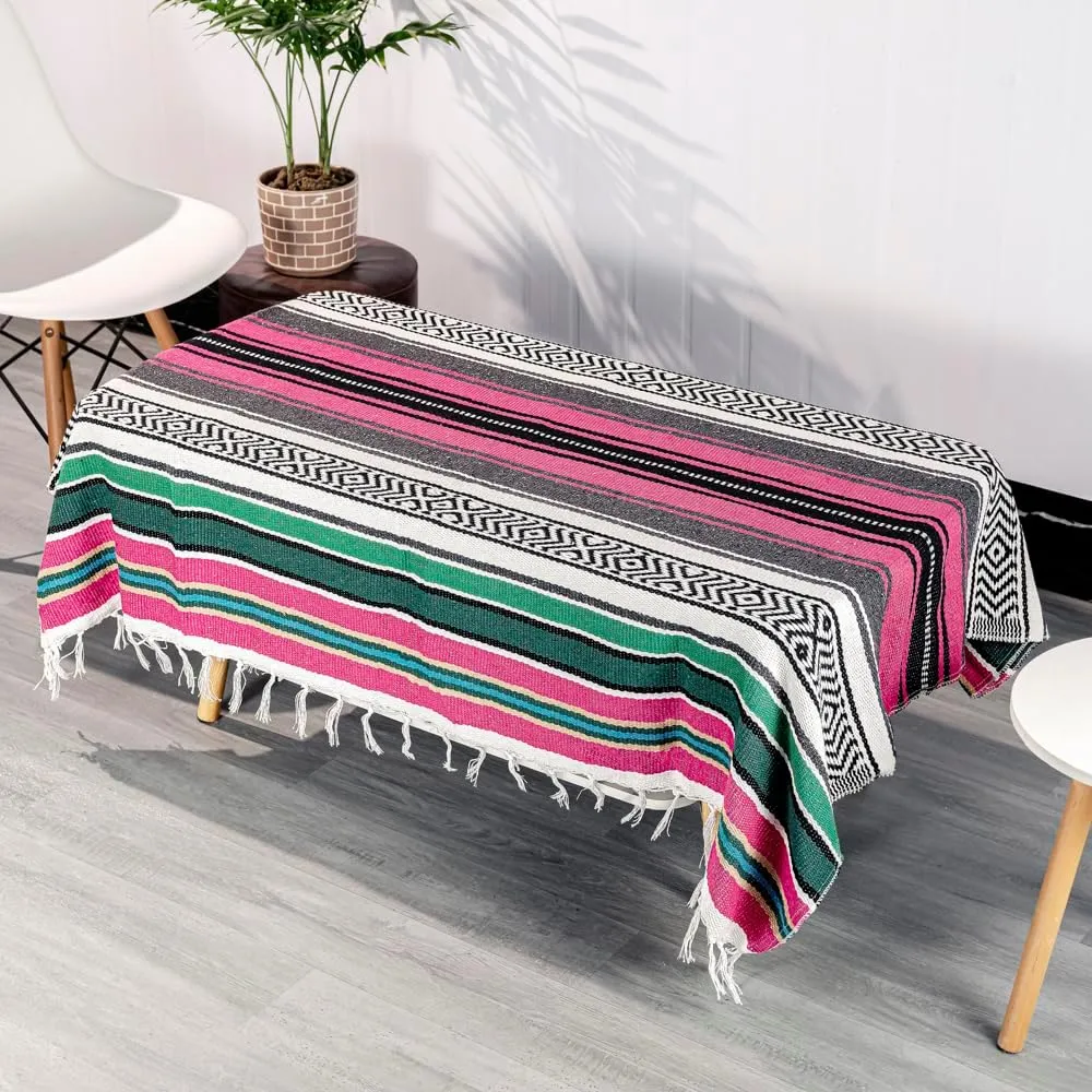 Airooglee Large Mexican Blanket - Perfect as Yoga, Outdoor, Beach, Serape, Picnic, Camping Blanket - Boho Home Decor (Rose-Blue)