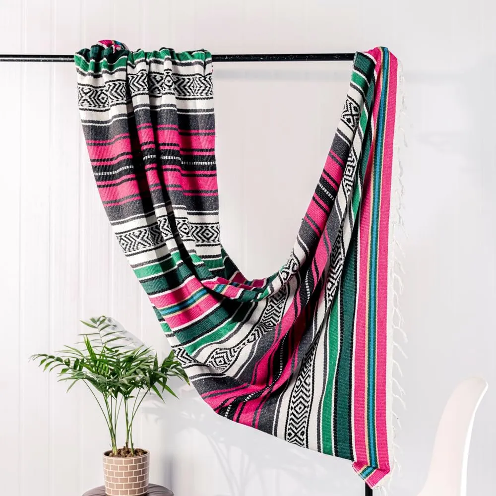 Airooglee Large Mexican Blanket - Perfect as Yoga, Outdoor, Beach, Serape, Picnic, Camping Blanket - Boho Home Decor (Rose-Blue)