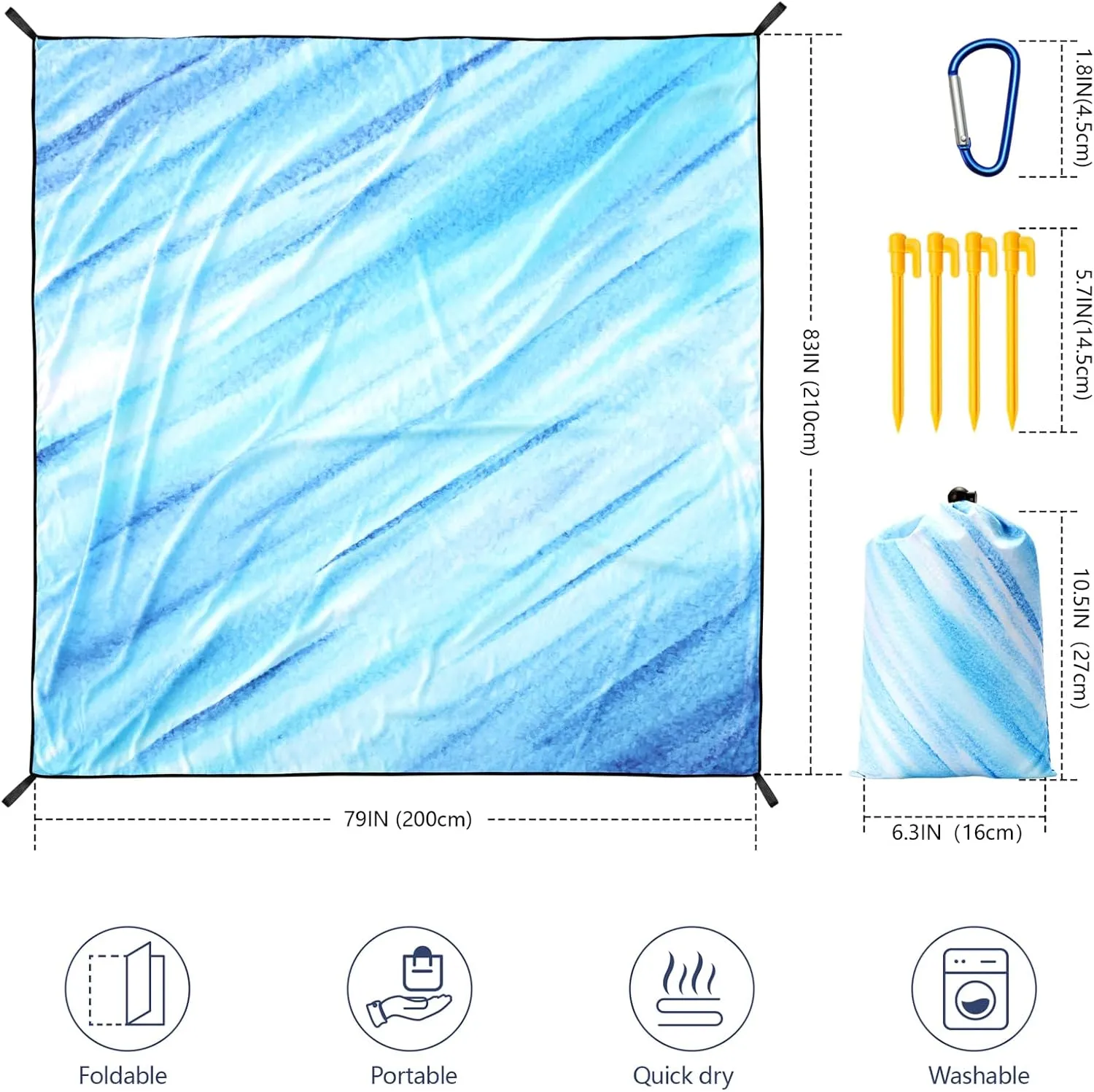 AISPARKY Beach Blanket Waterproof Sandproof Lightweight Durable Compact Sand Free Beach Mat 79”x 83” for 1-4 Adults for Festival Travel Camping Hiking Picnic Blanket (Slanting-BL&W)