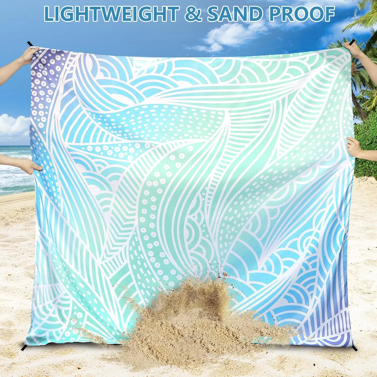 AISPARKY Beach Blanket Waterproof Sandproof Lightweight Durable Compact Sand Free Beach Mat for Beach Festival Travel Camping Hiking Picnic Blanket (Gradiant Blue-Ripple, 79"×83"(4 Person))