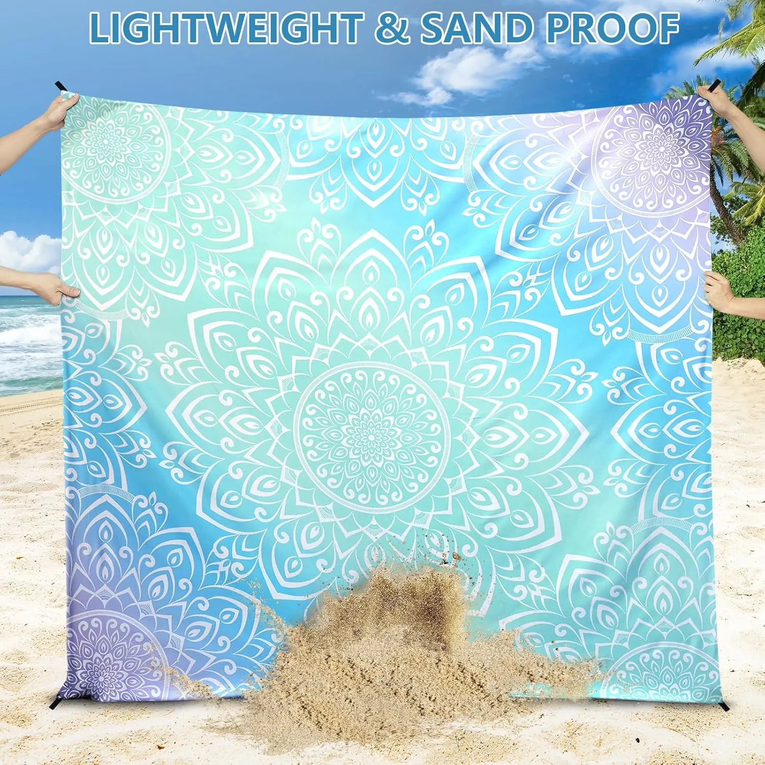 AISPARKY Beach Blanket Waterproof Sandproof Lightweight Durable Compact Sand Free Beach Mat for Festival Travel Camping Hiking Picnic Blanket (Gradiant Blue-Mandarin, 79"×83"(4 Person))