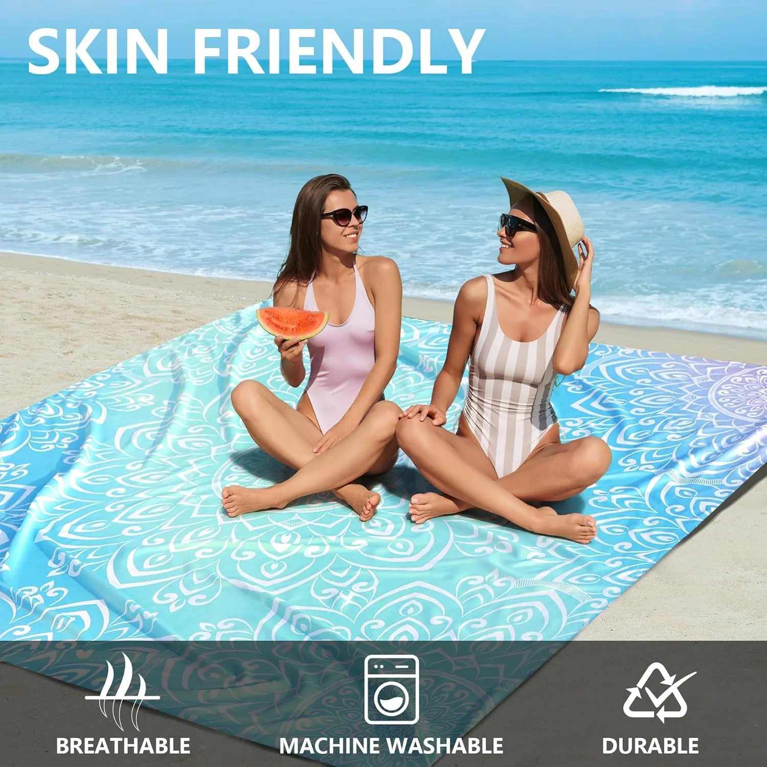 AISPARKY Beach Blanket Waterproof Sandproof Lightweight Durable Compact Sand Free Beach Mat for Festival Travel Camping Hiking Picnic Blanket (Gradiant Blue-Mandarin, 79"×83"(4 Person))