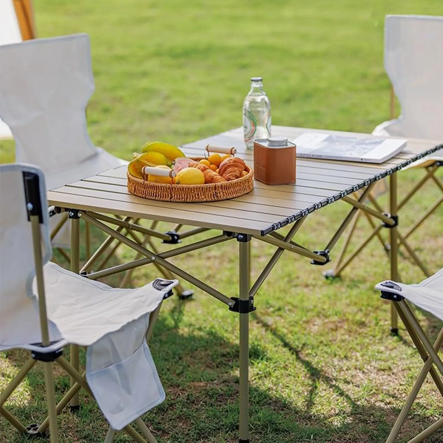 AIZYR Outdoor Compact Folding Table and Chair, Portable Roll Up Table with Storage Bags Lightweight Beach Table Chairs for Camping, Tailgating, Picnic, Gardens,5 Piece
