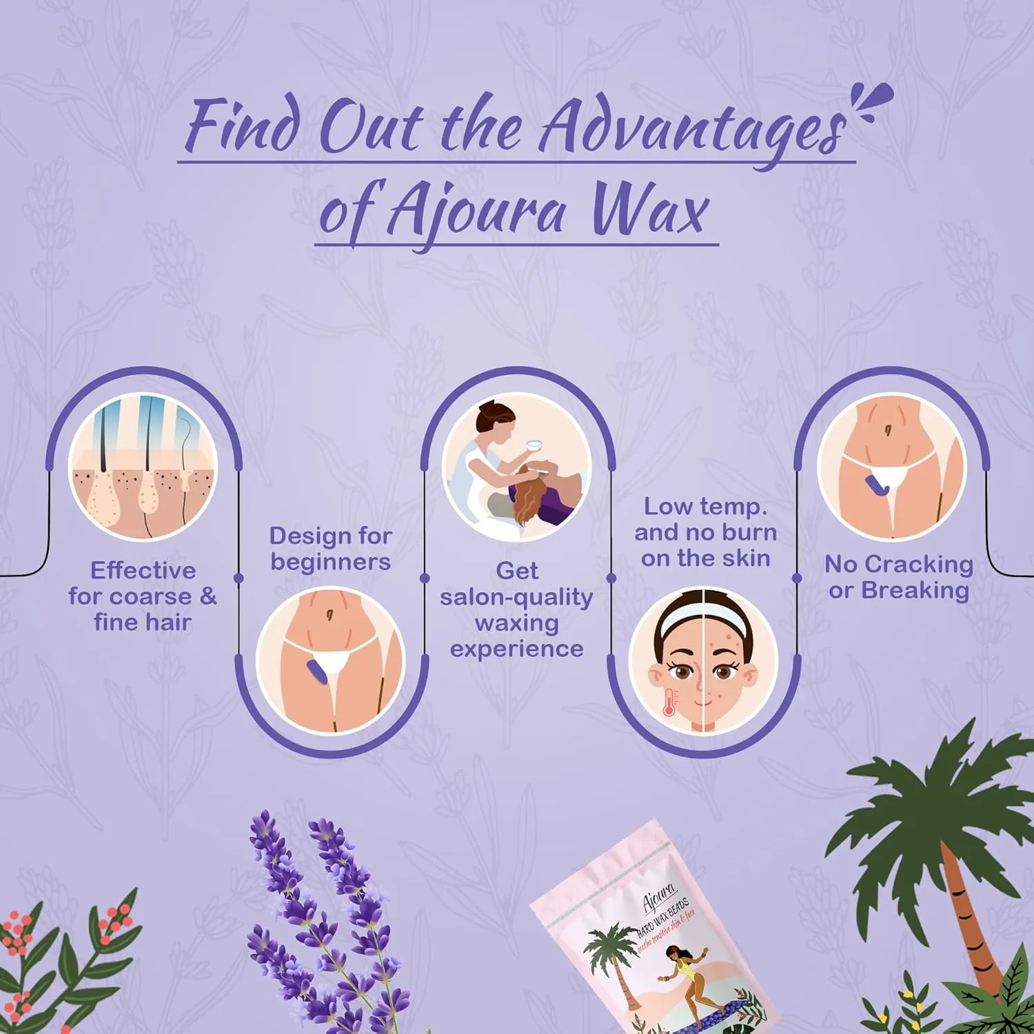 Ajoura 1lb Hard Lavender Wax Beads for Full Body Hair Removal - Brazilian, Bikini, Face, Eyebrows, Underarms, Arms, Chest, Back, Legs (Refill for Wax Warmer Kit, Purple)