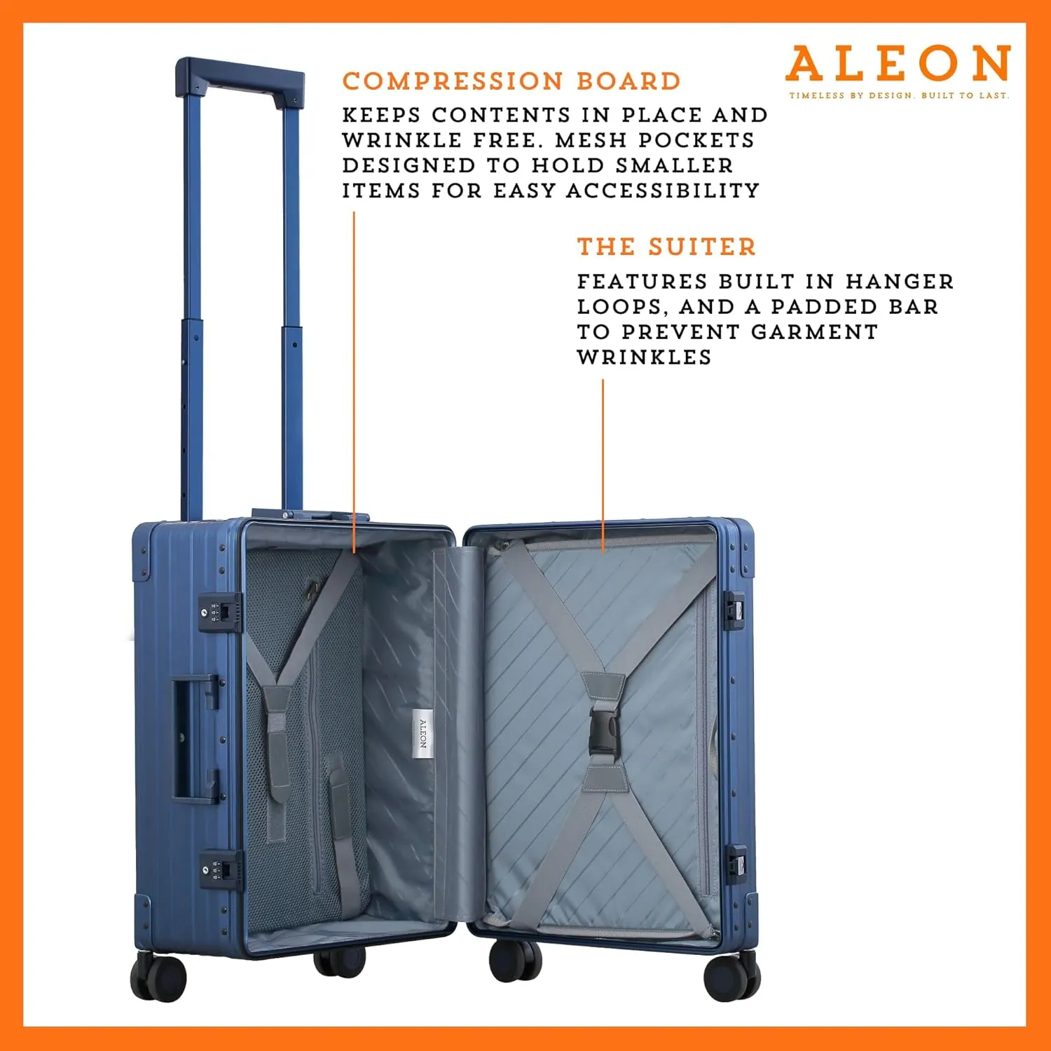 Aleon 21" Aluminum International Carry-On Luggage, Hardside Suitcase with Durable Hardshell, TSA Approved Heavy Duty Spinner Wheels, Rolling Travel Bag for Airplane, Premium Aluminum Shell (Sapphire)