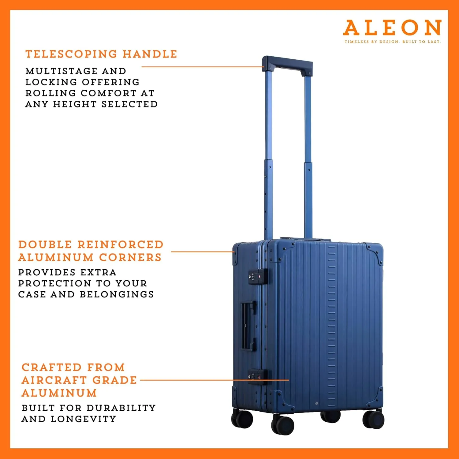 Aleon 21" Aluminum International Carry-On Luggage, Hardside Suitcase with Durable Hardshell, TSA Approved Heavy Duty Spinner Wheels, Rolling Travel Bag for Airplane, Premium Aluminum Shell (Sapphire)