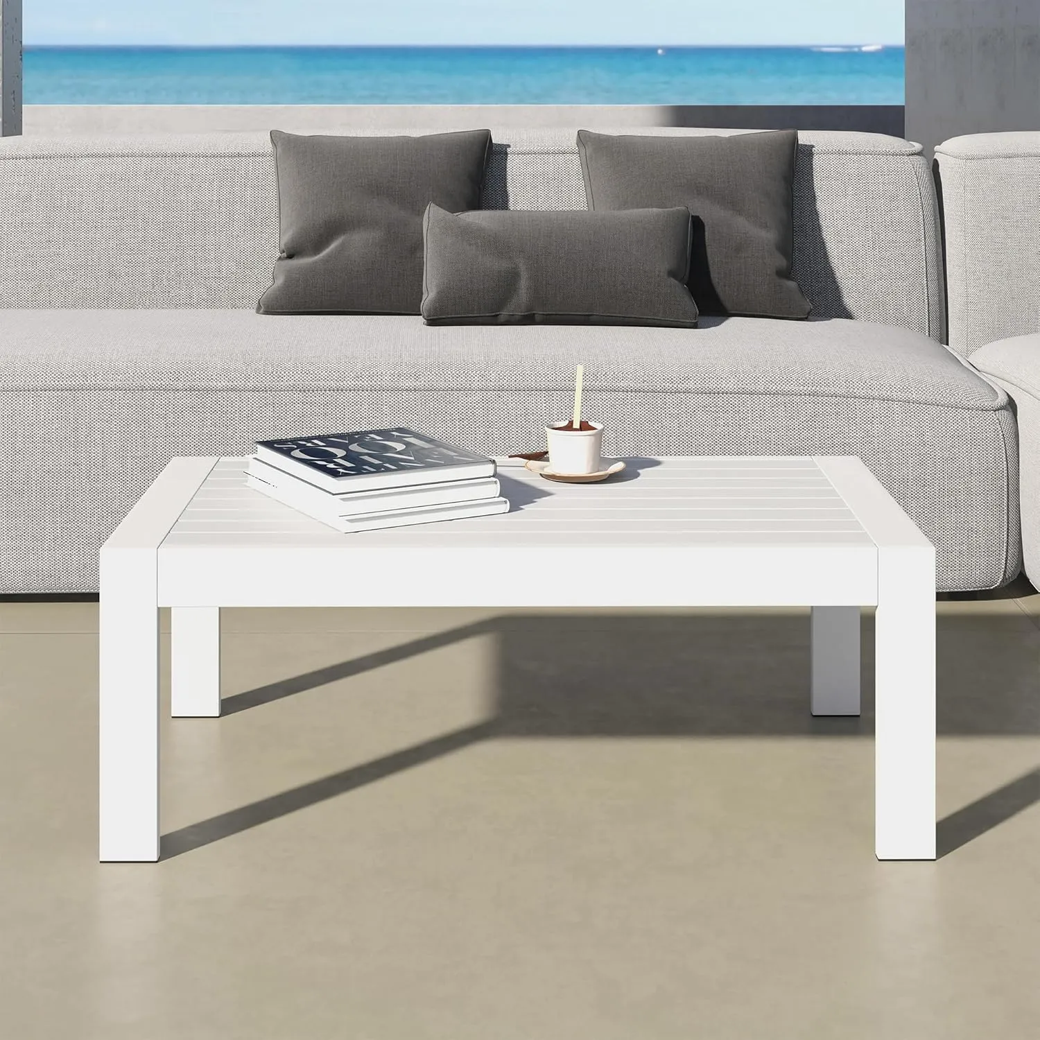 All-Weather Aluminum Outdoor Coffee Table, Modern Coffee Table for Outside, Rectangle Patio Coffee Table for Balcony Garden, Light Grey