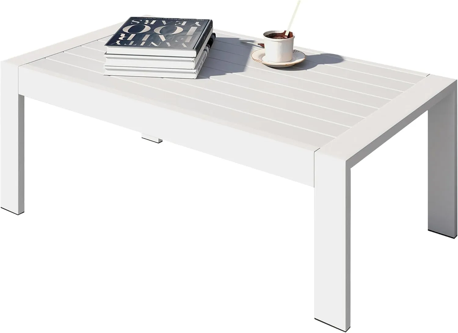 All-Weather Aluminum Outdoor Coffee Table, Modern Coffee Table for Outside, Rectangle Patio Coffee Table for Balcony Garden, Light Grey