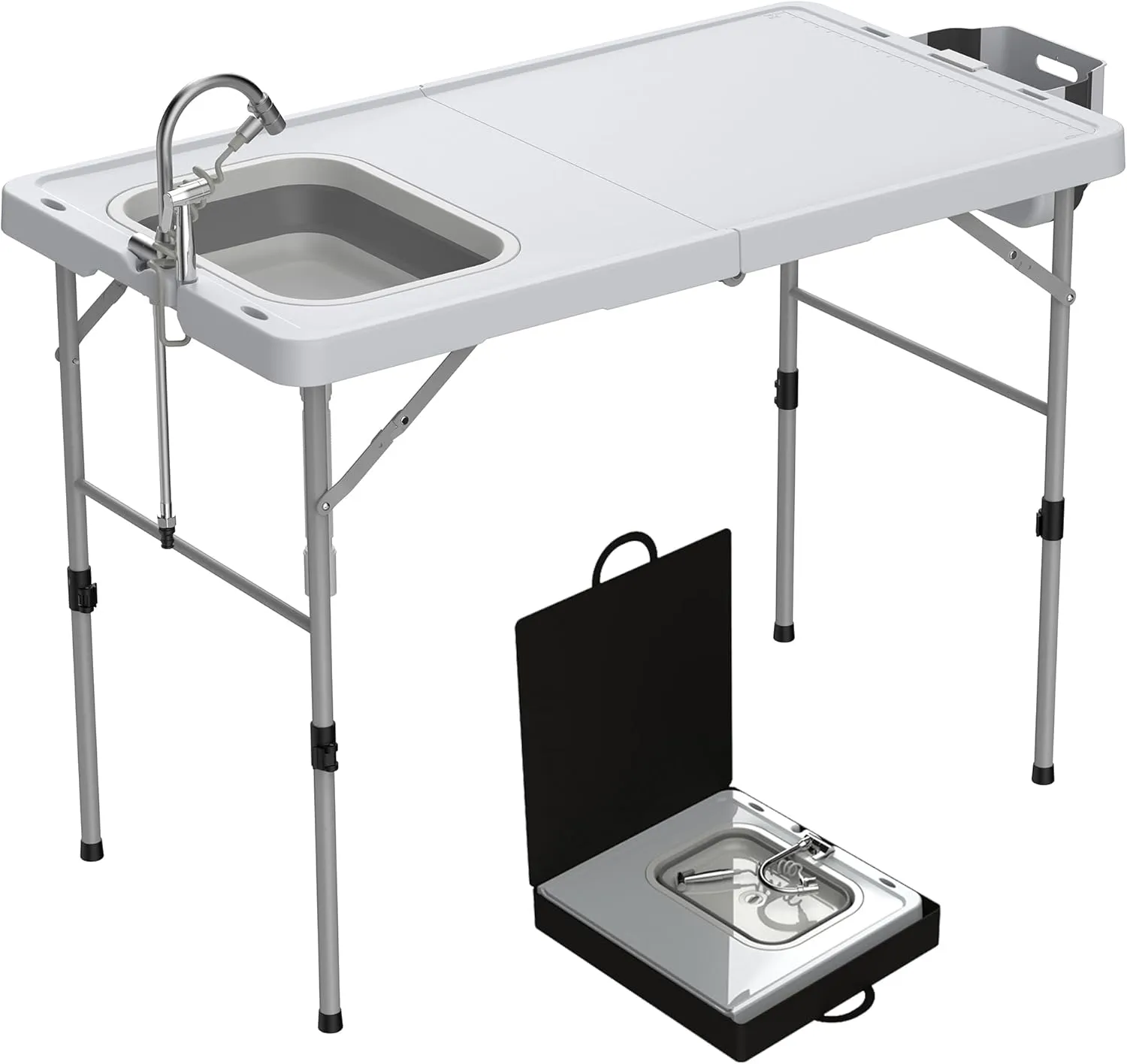 Allpop Folding Fish Cleaning Table with Foldable Sink, 50'' Portable Folding Camping Fish Station with Foldable Faucet, Drainage Hose, Sprayer, Storage Box, Grooves & Carry Bag for Picnic, White