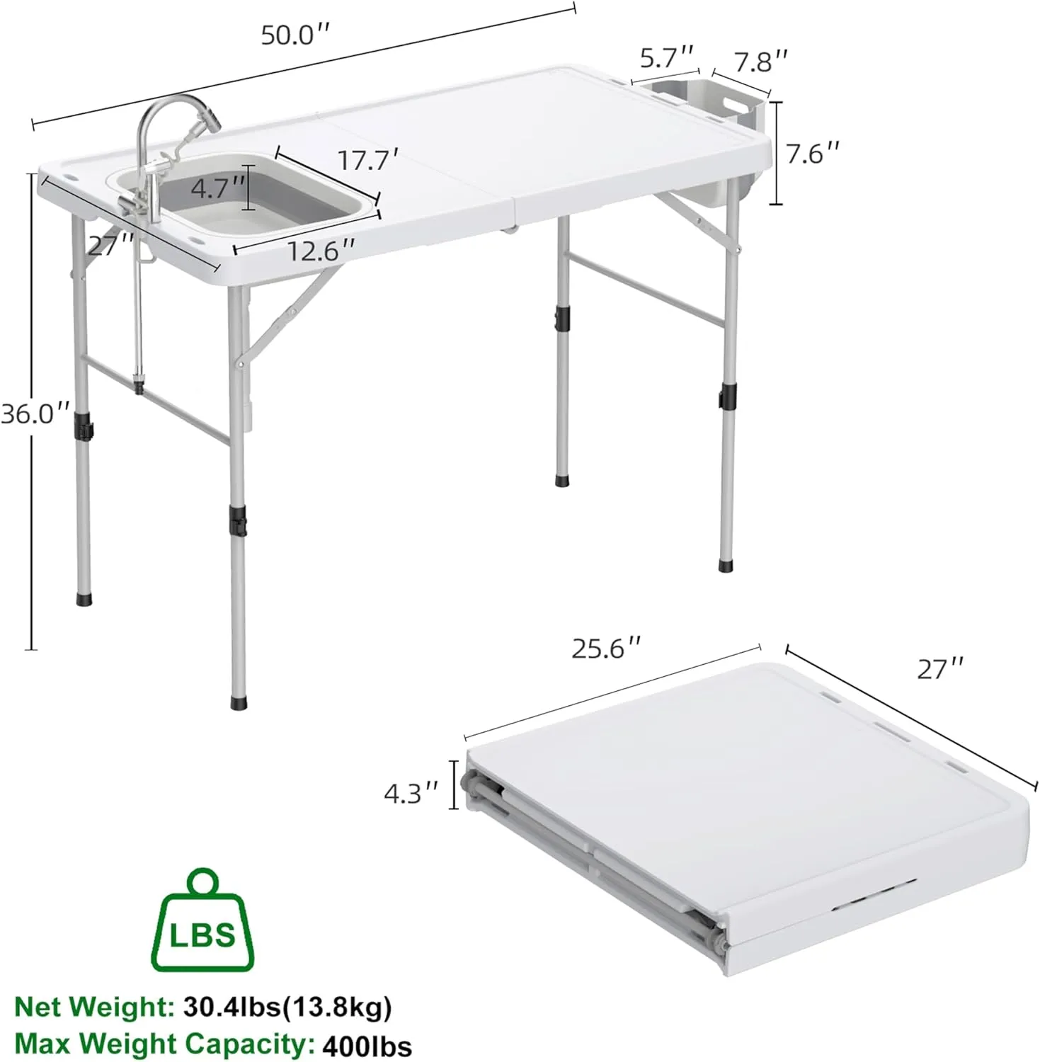 Allpop Folding Fish Cleaning Table with Foldable Sink, 50'' Portable Folding Camping Fish Station with Foldable Faucet, Drainage Hose, Sprayer, Storage Box, Grooves & Carry Bag for Picnic, White